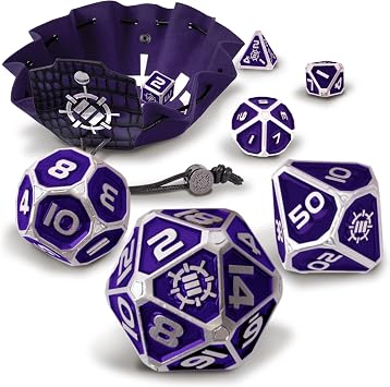 ENHANCE DND Metal Dice Set - 7pc Polyhedral Dice with 2-in-1 Vegan Leather Bag and Tray, Solid Metal Set for Dungeons and Dragons, Pathfinder, More RPGs Collectors Edition Purple