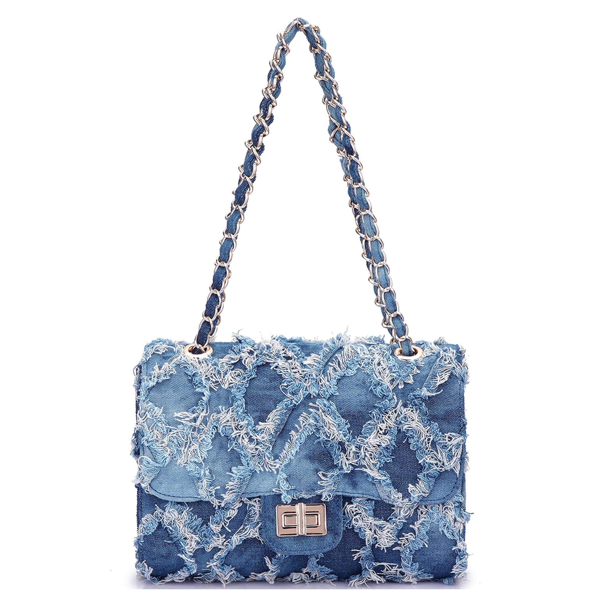 Women Denim Handbag Quilted Shoulder Purse with Chain Strap Twist Lock