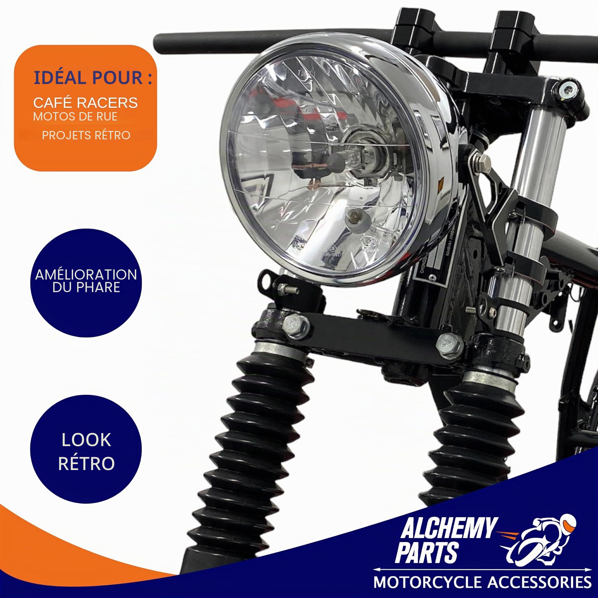 Alchemy Parts Phare pour Moto | Universel | Plein Phare, Croisement et Feu de Position | Diametre 165mm | Roadster | Streetfighter | Café Race (Chromé)