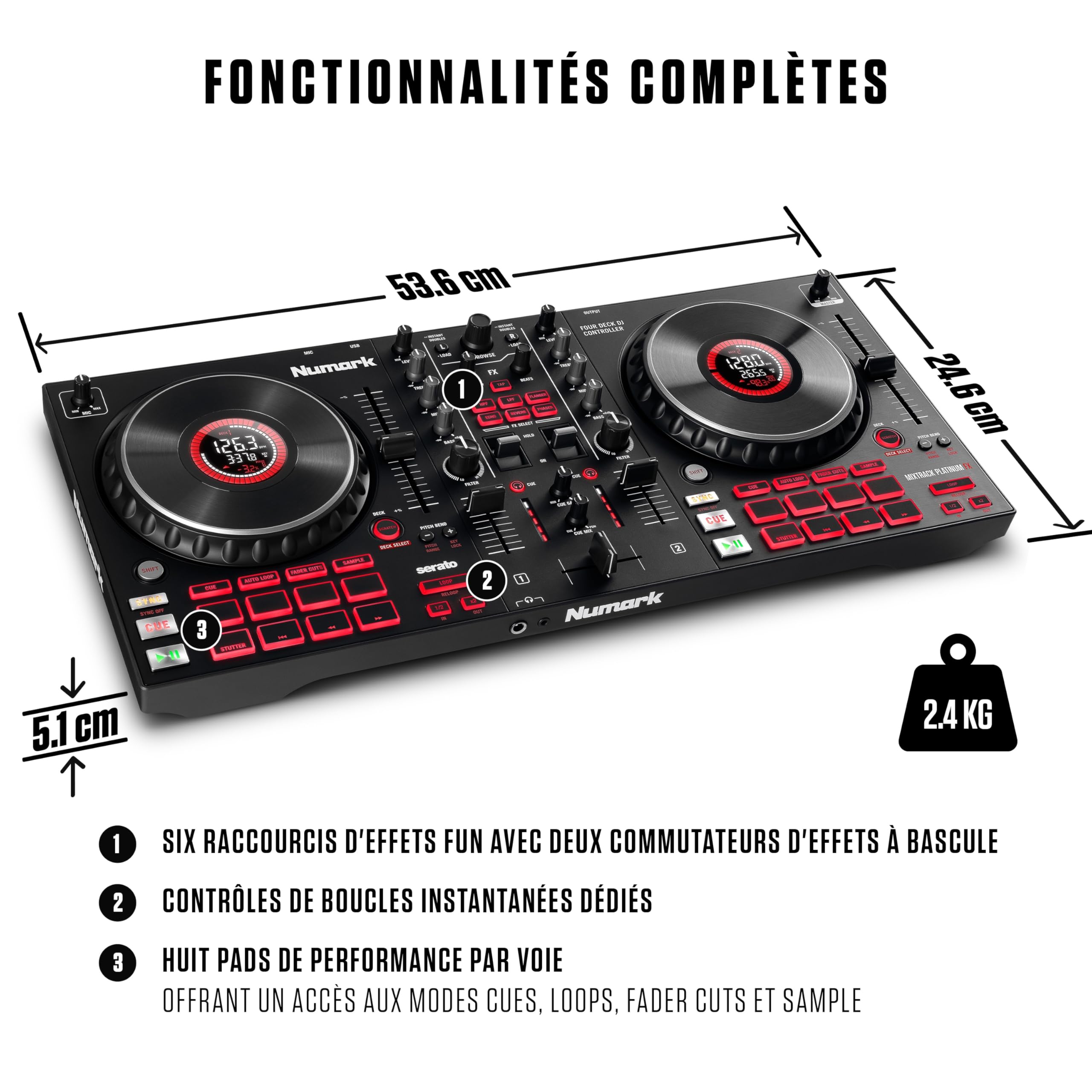Numark Mixtrack Platinum FX - Contrôleur DJ 4 decks, table de mixage, carte son intégrée, platines DJ tactiles avec écran et large palette d'effets