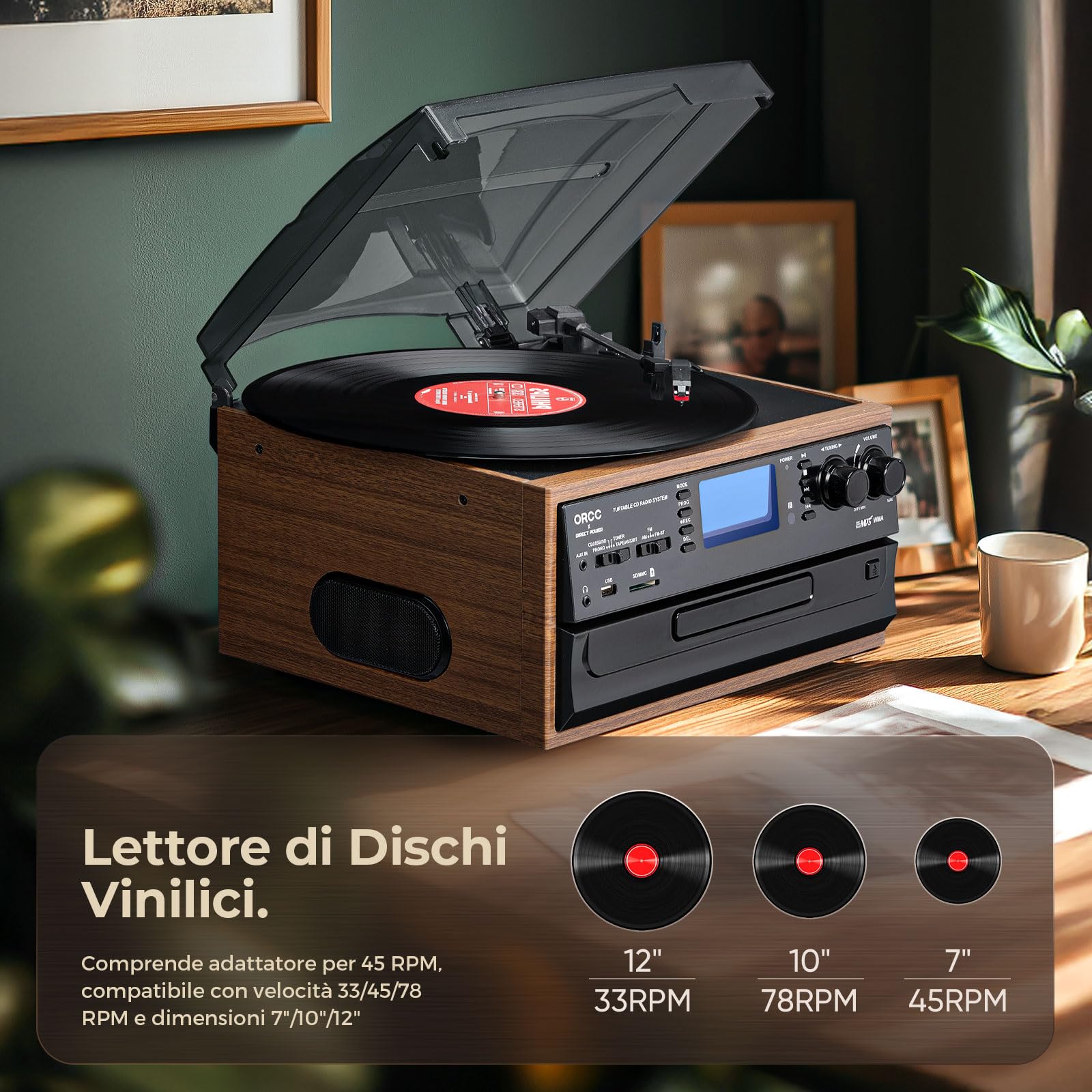 ORCC Giradischi Bluetooth 10 in 1 per dischi in vinile con altoparlante, convertitore di codifica da AUX a MP3 USB/SD, lettore CD, radio, connettore per cuffie, RCA, telecomando