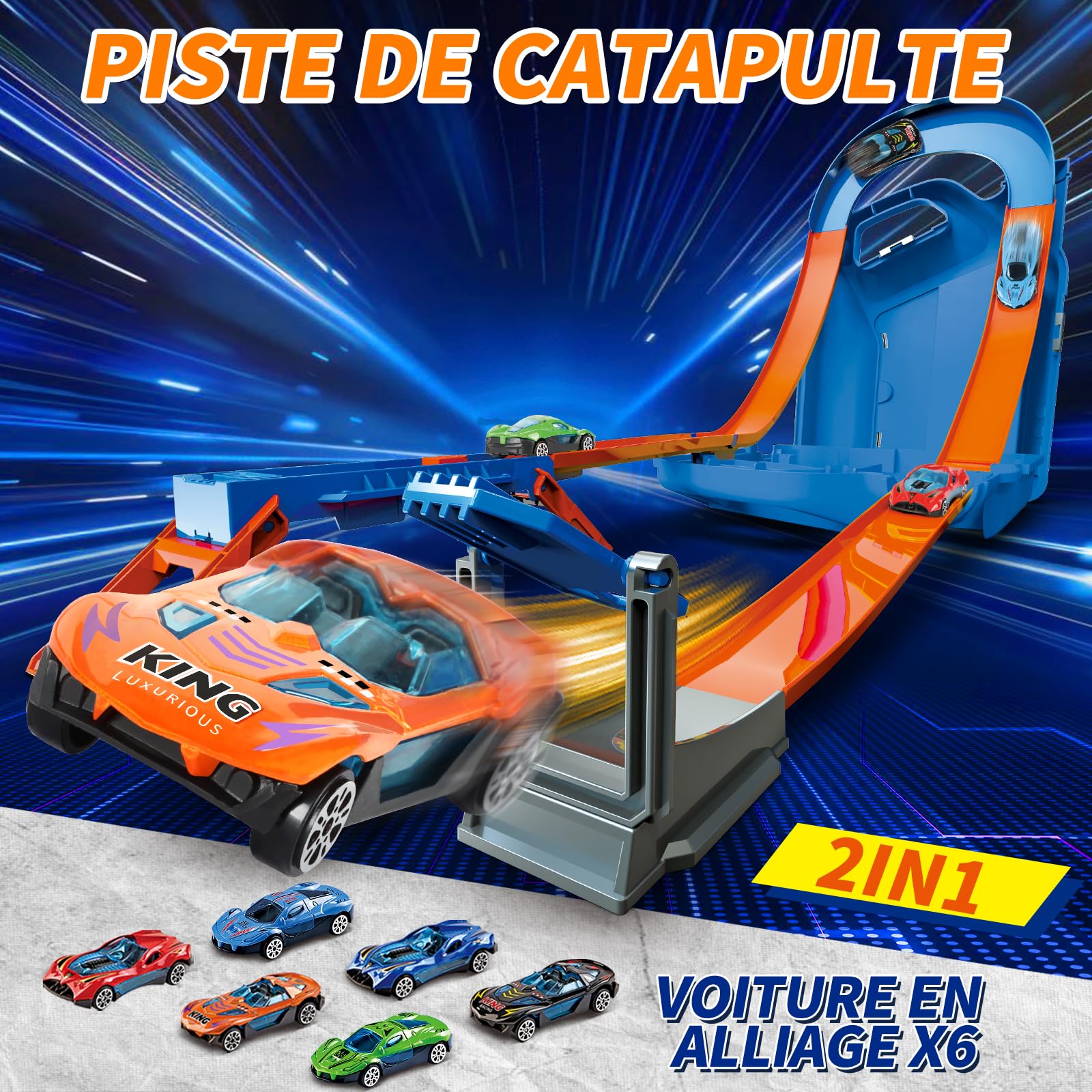 Charmofun Piste de Course 2 en1, Circuit Voiture Enfant avec 6 Voitures, Bboîte Rangement, Piste de Voiture avec Looping et U Track, Portable Jouet Circuit Voiture pour Enfants 3+ Ans (Bleu)