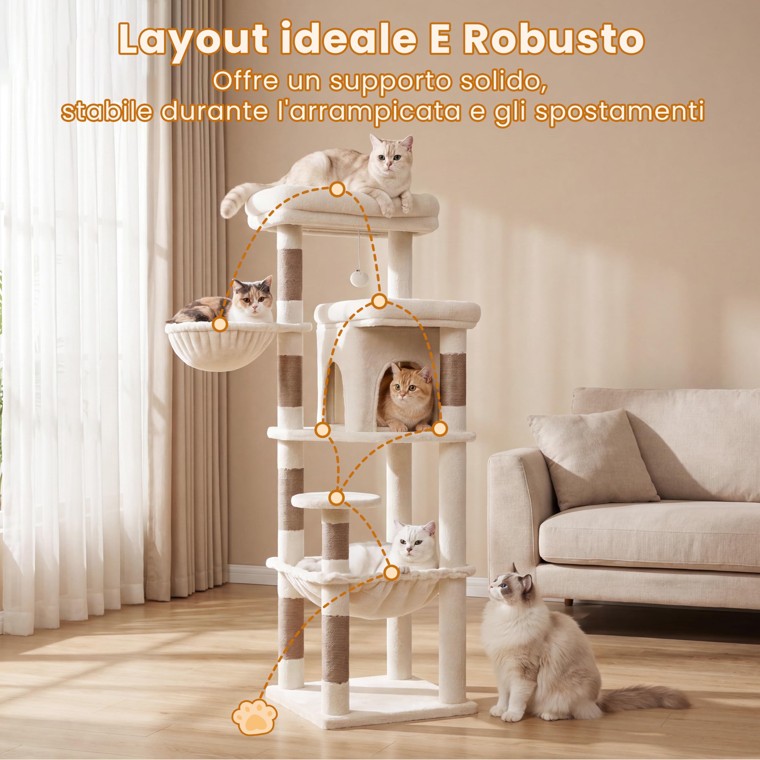 Heybly Albero Tiragraffi 142 cm Gatti Grandi, Torre Scalata Facile HCT028MJ | Amaca XL In Peluche, Cuccia Privata, Cesta Orientabile, Sisal Naturale, Base Stabile, Riposo E Gioco In Casa, Beige