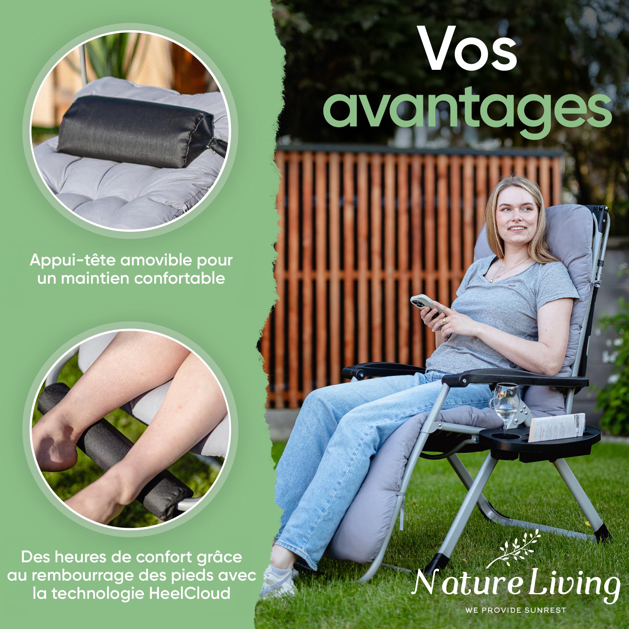 NatureLiving® Transat Pliable – Robuste, Rabattable et Résistant aux Intempéries – Bain de Soleil avec Toit pour Jardin et Balcon, Chaise Longue Outdoor Relax, Supporte 200 kg