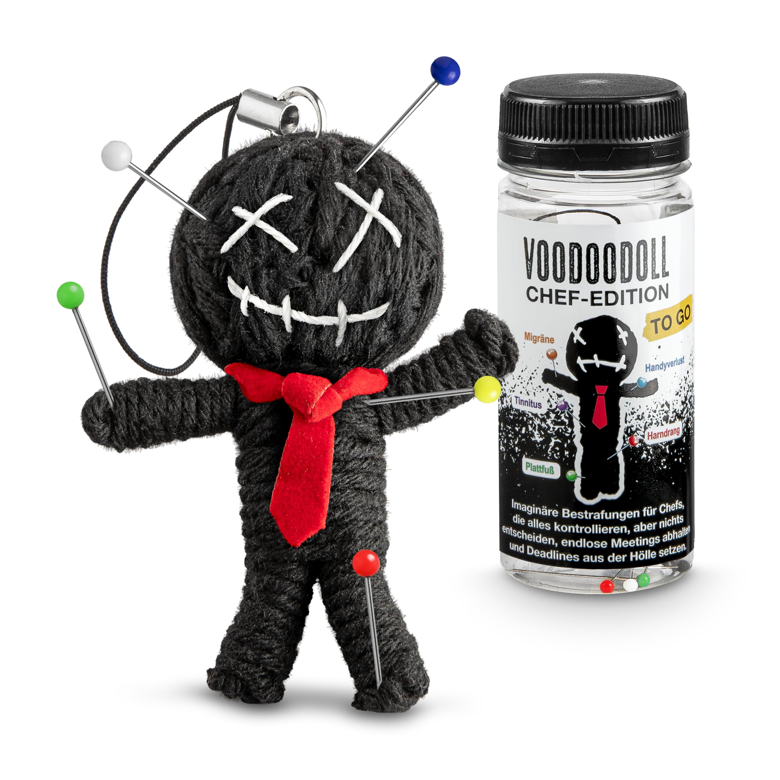 Schöne Güter Voodoo Puppe mit Nadeln Chef-Edition als Kollegen-Geschenk Anti Stress Präsent für Kollegen bei der Arbeit mit 5 PRYM-Nadeln in der Sammeldose Lustiges Geschenk für Lieblingskollegen