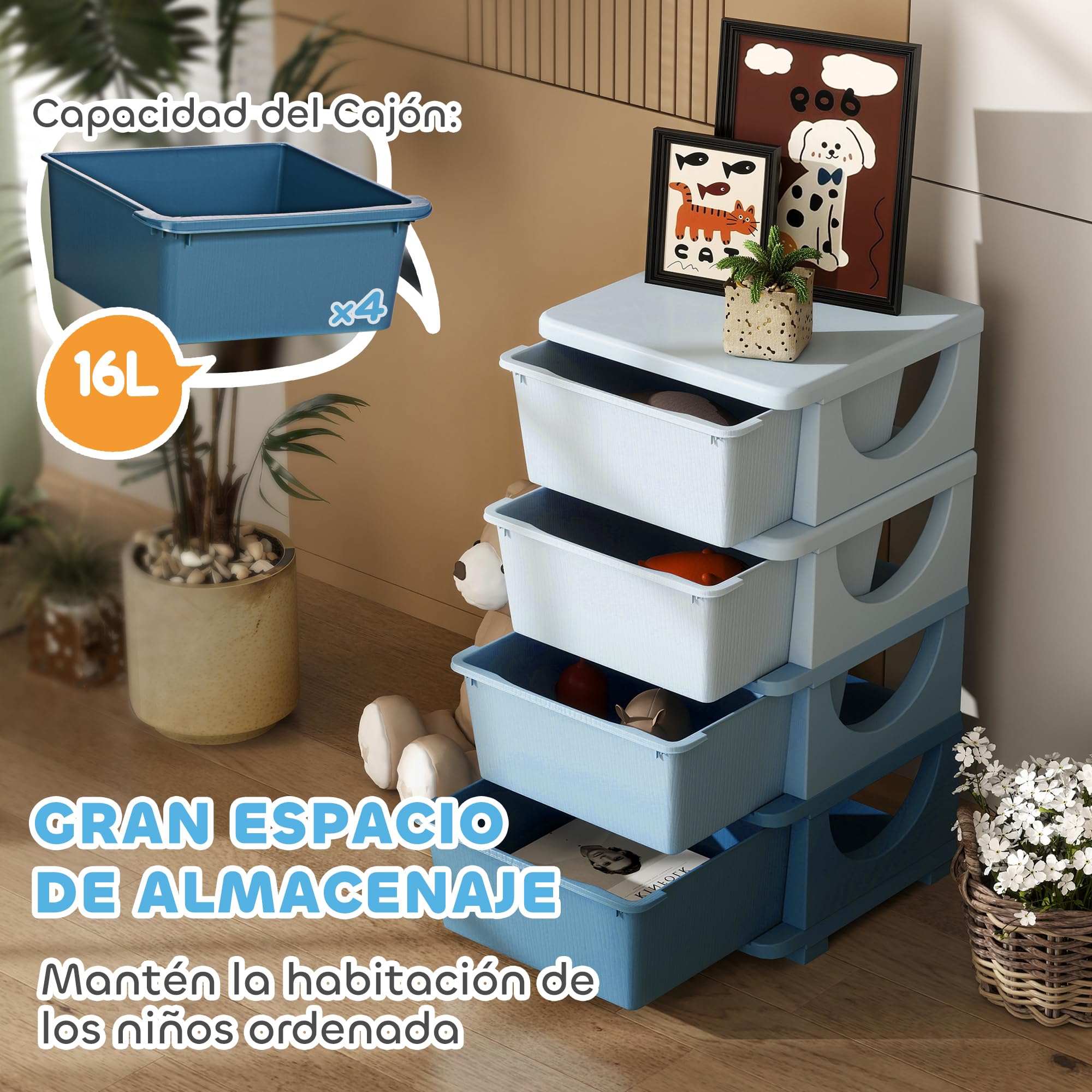 HOMCOM Tour de rangement pour enfants avec 4 tiroirs, rangement pour jouets pour enfants +3 ans, avec bords arrondis et poignées, pour chambre d'enfant, salle de jeux, chambre à coucher, 37x37x76 cm,