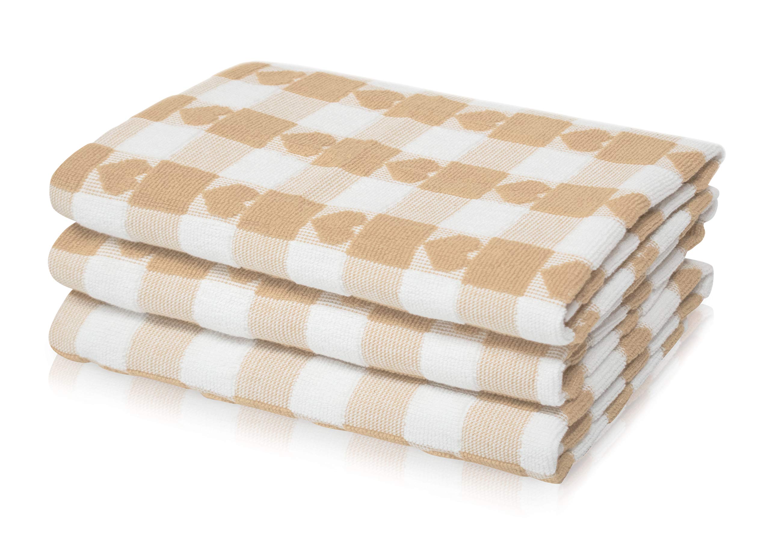 Kitchen Trends Beige Woven Tea Towels 3Pk Large 50 X 70Cms Super Absorbent Hearts 100% Cotton (Beige)
