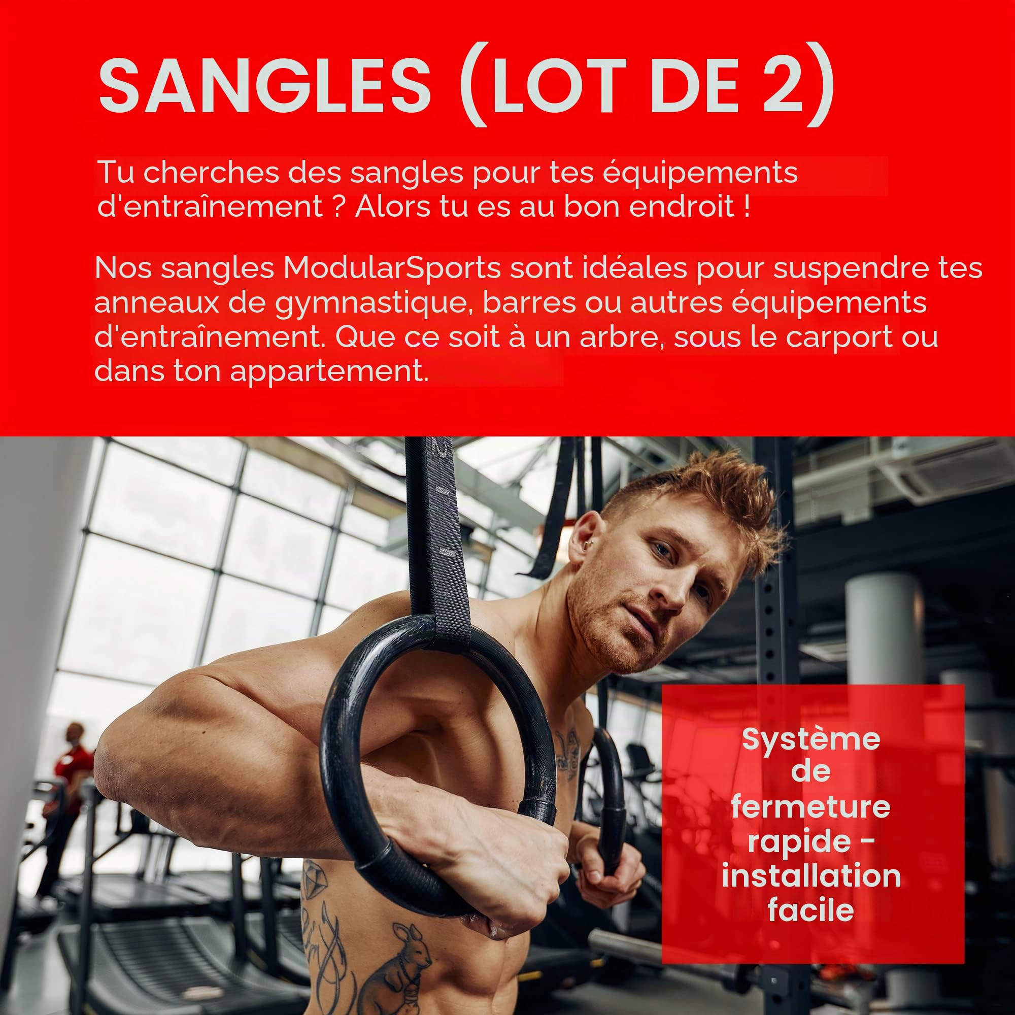 Lot de 2 sangles en nylon de 4,5 m - Accessoire de fitness - Largeur : 4 cm - Avec œillet - Pour anneaux de gymnastique, barres ou autres appareils d'entraînement