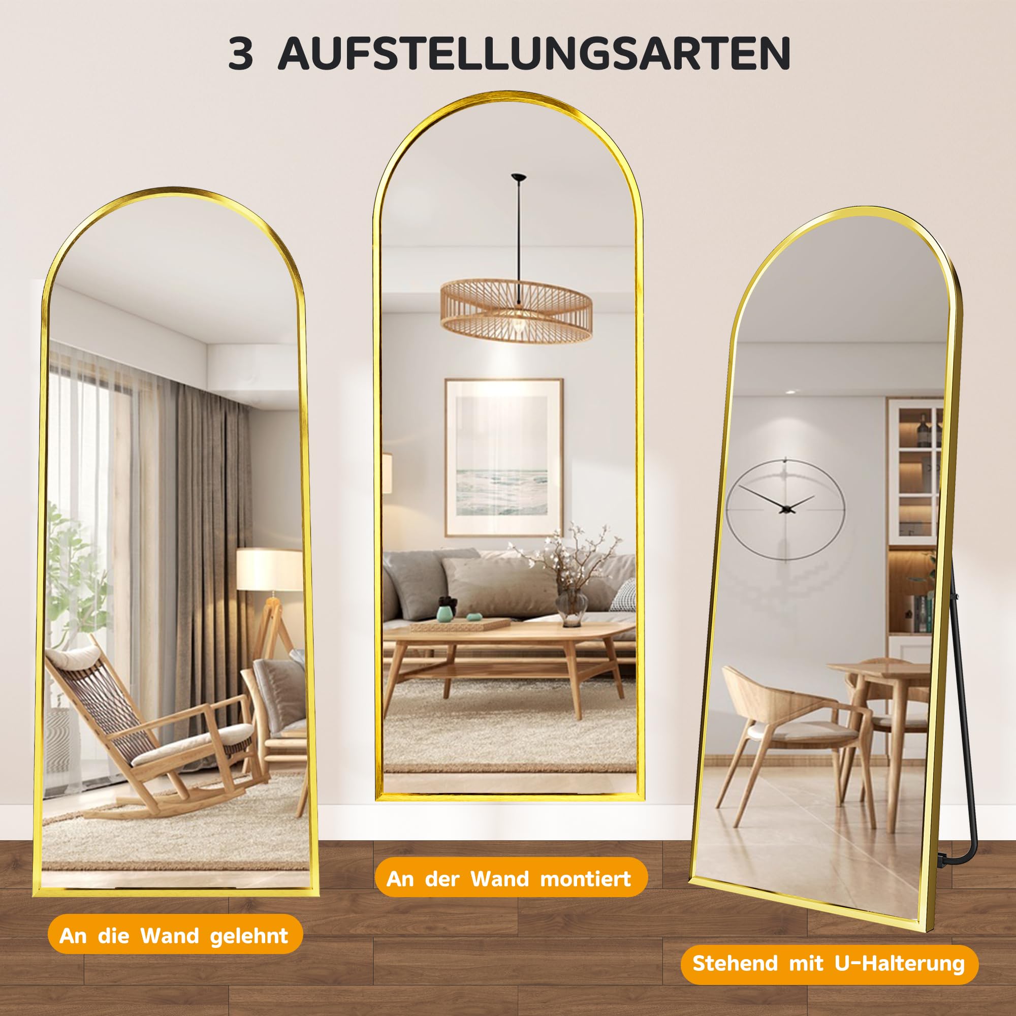 Bogen - Specchio a figura intera, 165 x 60 cm, grande specchio da terra, curvo, da parete, per camera da letto, spogliatoio (oro)