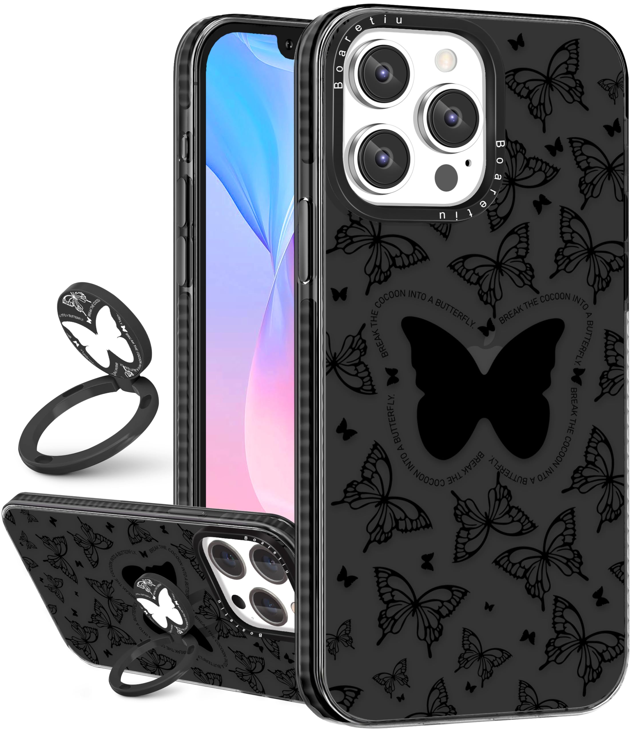 Boaretiu Cute Kawaii for iPhone 13 Promax Case with Stand - Fashion Cool 360° Rotate Ring Holder Kickstand Black Butter Design for Women Girls Boys Teens Girly for iPhone 13 Promax Phone Case