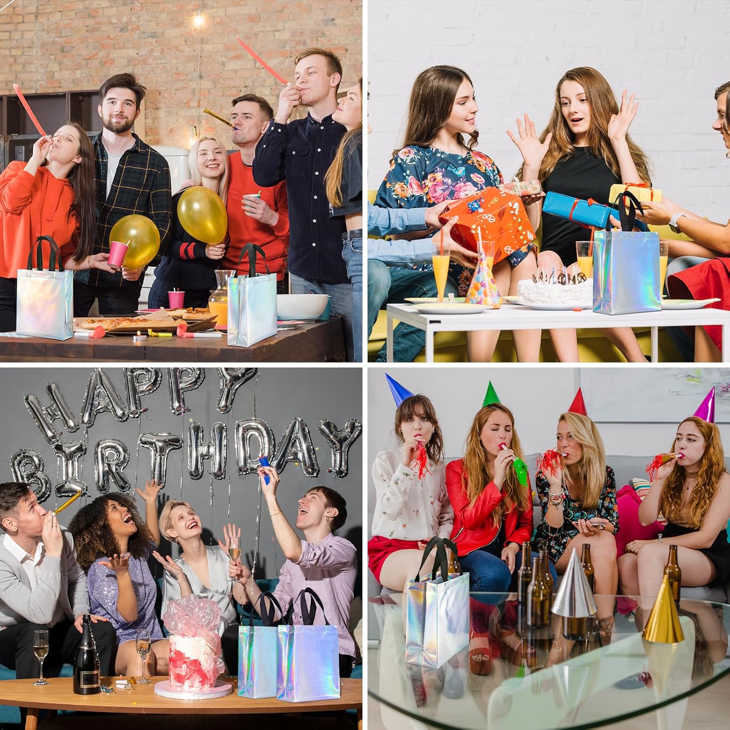 Ronvir 30 Pcs Iridescent Glossy Gift Bags Bulk,8x4x10 inch Non Woven Holographic Reusable Party Favors Bags for Birthday, Christmas, Goodie,Wedding, Holiday, with Handles & Sturdy Base - Medium - Image 4