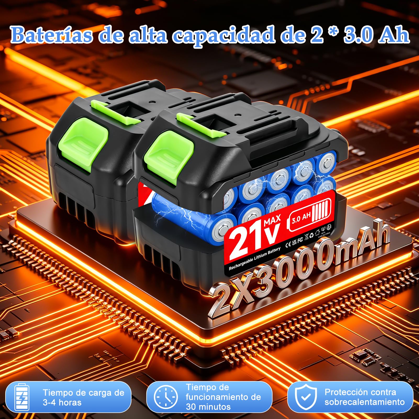 Limpiador de alta presión inalámbrico de 21 V 80 bar con 2 baterías de 3000 mAh, 6 en 1, con manguera de 5 m, limpiador de chorro para suelo, coche, jardín