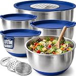 Priority Chef Stainless Steel Mixing Bowls with Lids Set, 3 Grater Attachments, Airtight Lids, Non-Slip Silicone Base Mixing Bowl Set, Large Prep Metal Mixing Bowls for Kitchen, Red