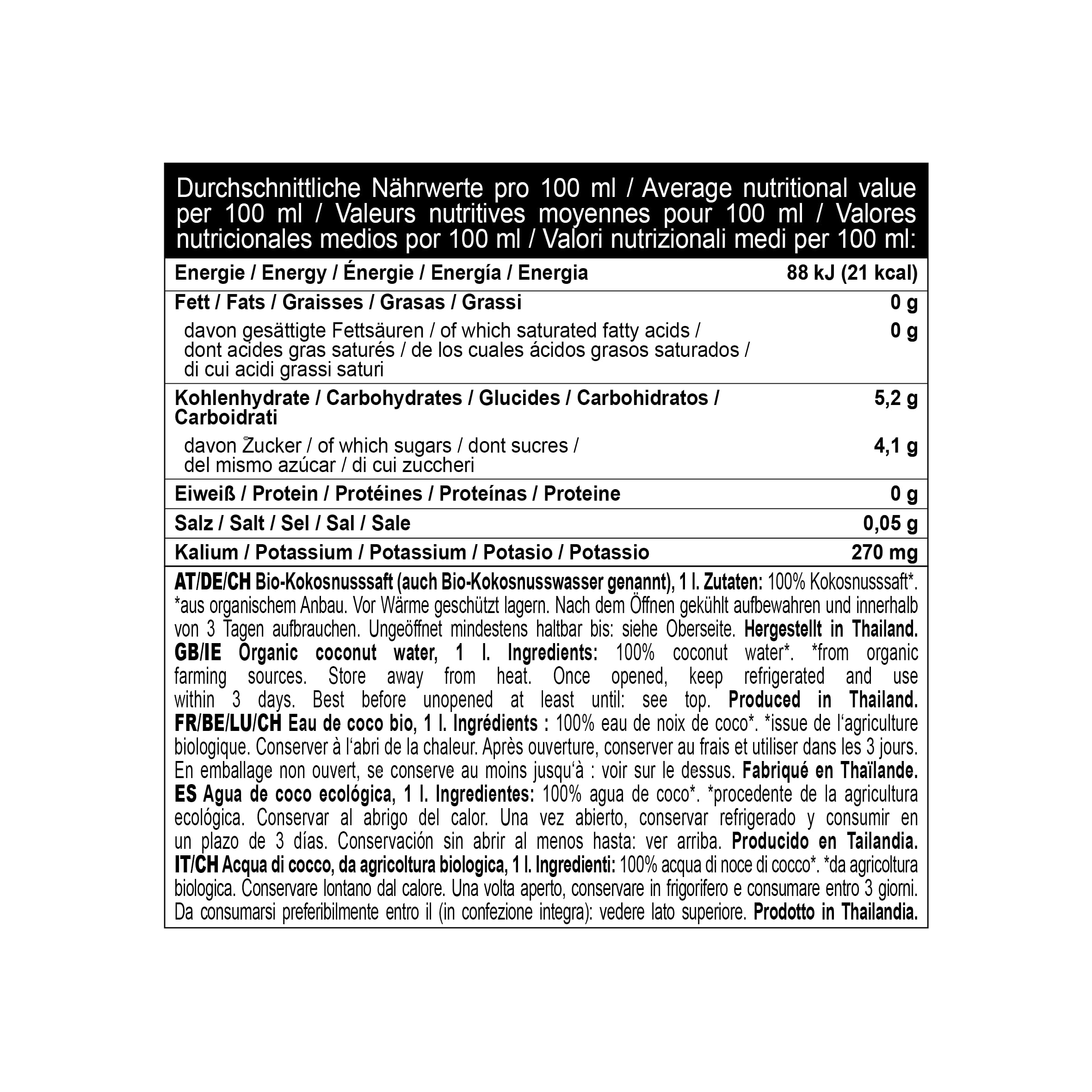 Thai Coco, agua de coco 100% pura, 12 x 1 l, procedente de Tailandia – Agua de coco natural con electrolitos – Sin azúcares añadidos ni conservantes – Bebida hidratante para el deporte y el día a día