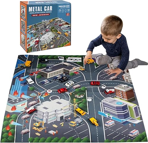 Miniatura 2 de Diecast Cars Toy Sets,12 PCS with Engineering Construction Fire Police Car Mini Inertial Car,with Play Mat and Road Signs,Suitable 345678 Years Old