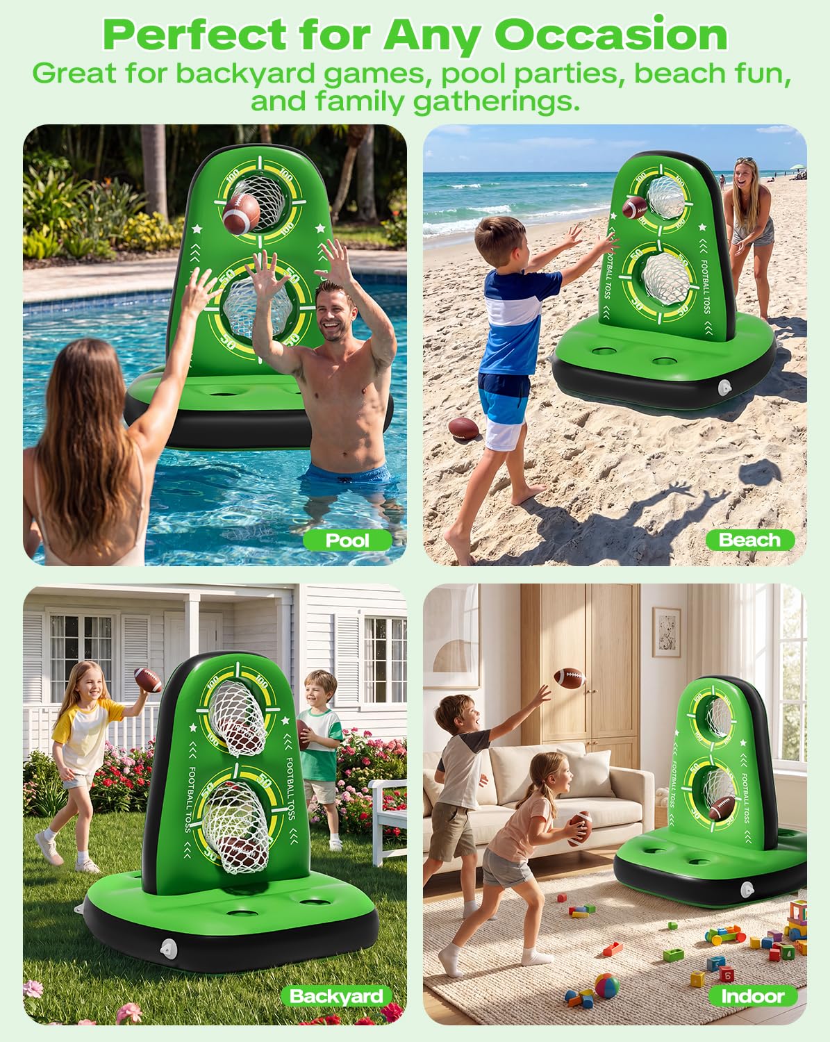 Juegos inflables de lanzamiento de fútbol para piscina, objetivo de fútbol acuático con 4 bolas y 2 bombas, base estable y diseño de doble red, juguetes de piscina al aire libre para niños y