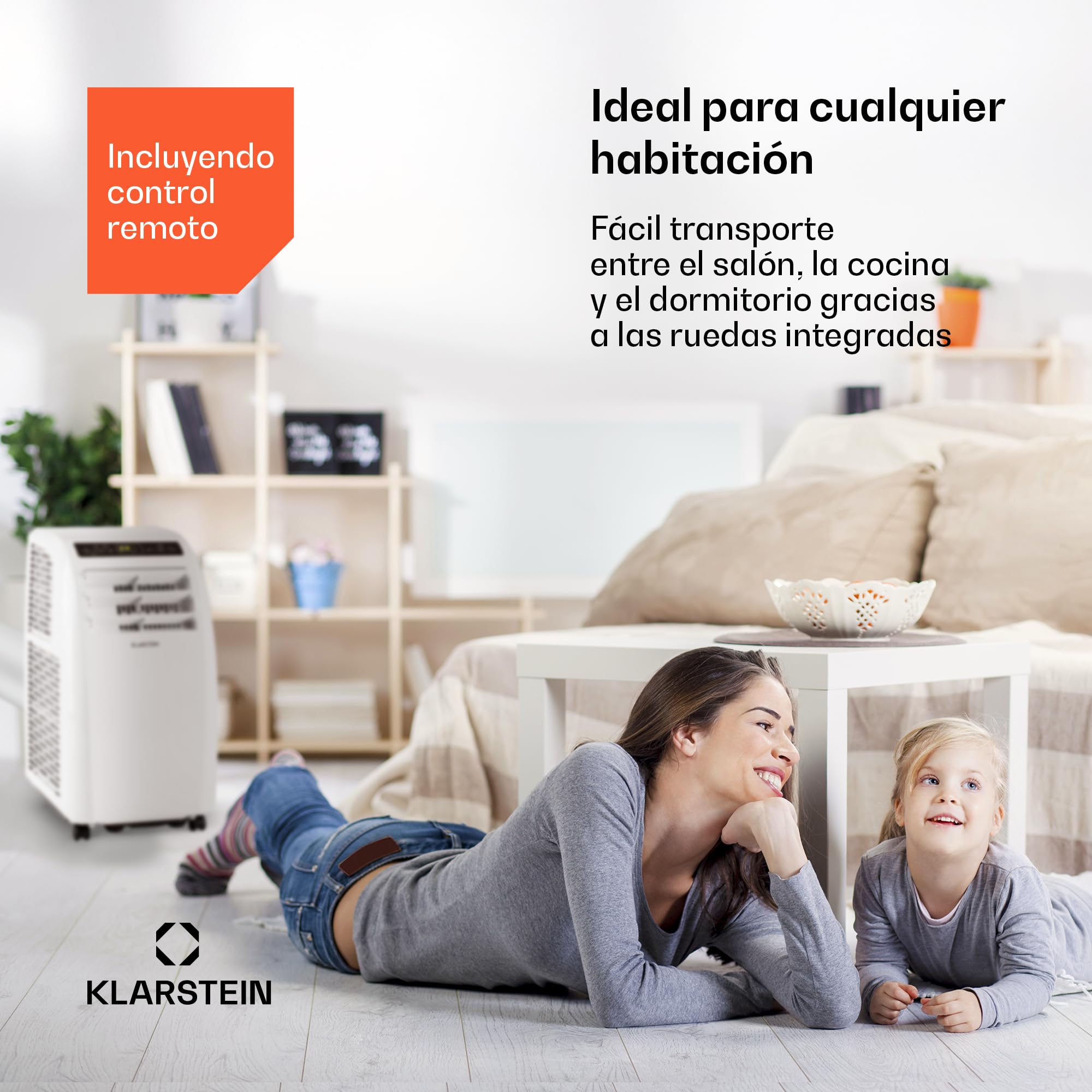 Klarstein Aire Acondicionado Portatil y Silencioso, 4 en 1 Climatizador de Aire para Casas y Oficinas, con Modo Noche, Deshumidificador y Ventilador, Aires Acondicionados Bajo Consumo 10,000 BTU