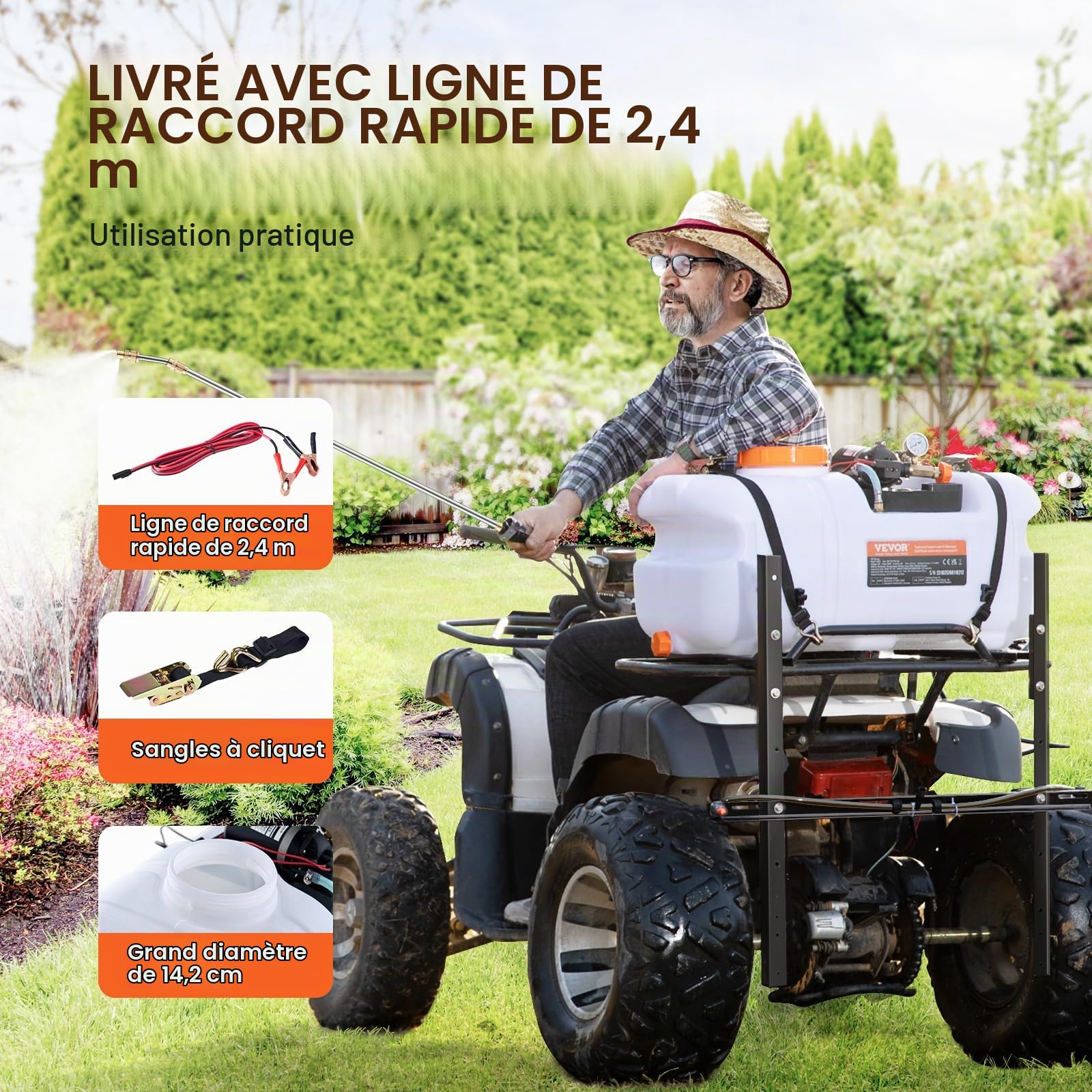 VEVOR Pulvérisateur pour VTT UTV 60 L Pulvérisateur Mauvaises Herbes Jardin à Pompe 12 V avec Réservoir d'eau, Rampe de Buses, Tuyau de 6,1 m, Débit de Pompe 7 L/Min Pression Réglable 0-72 PSI, Blanc