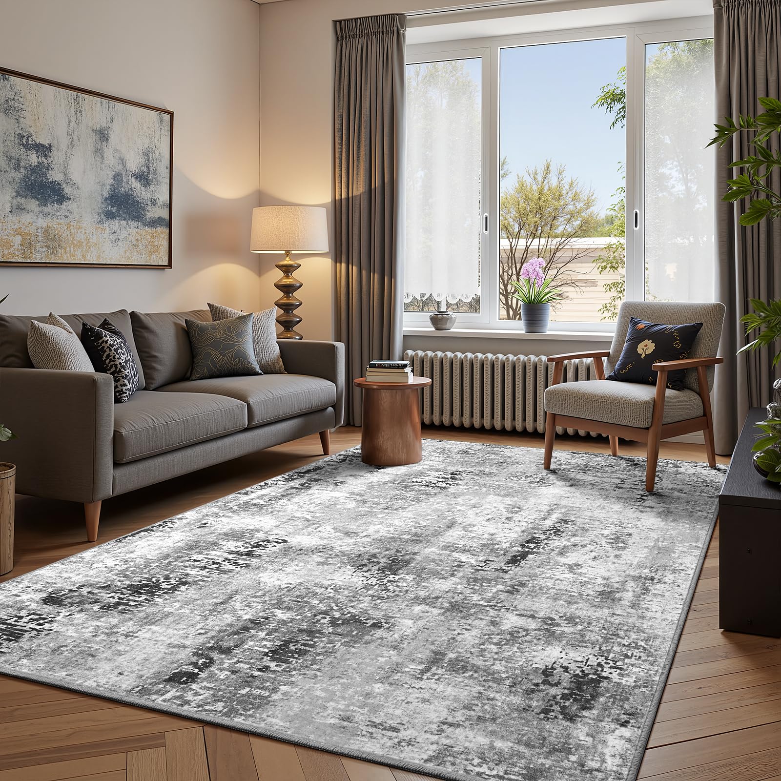 Flagover 5x7 Dark Grey Washable Area Rug for Living Room Bedroom, Modern Abstract Non-Slip Rugs, Low Pile Soft Stain Resistant Carpet for Dining Room,