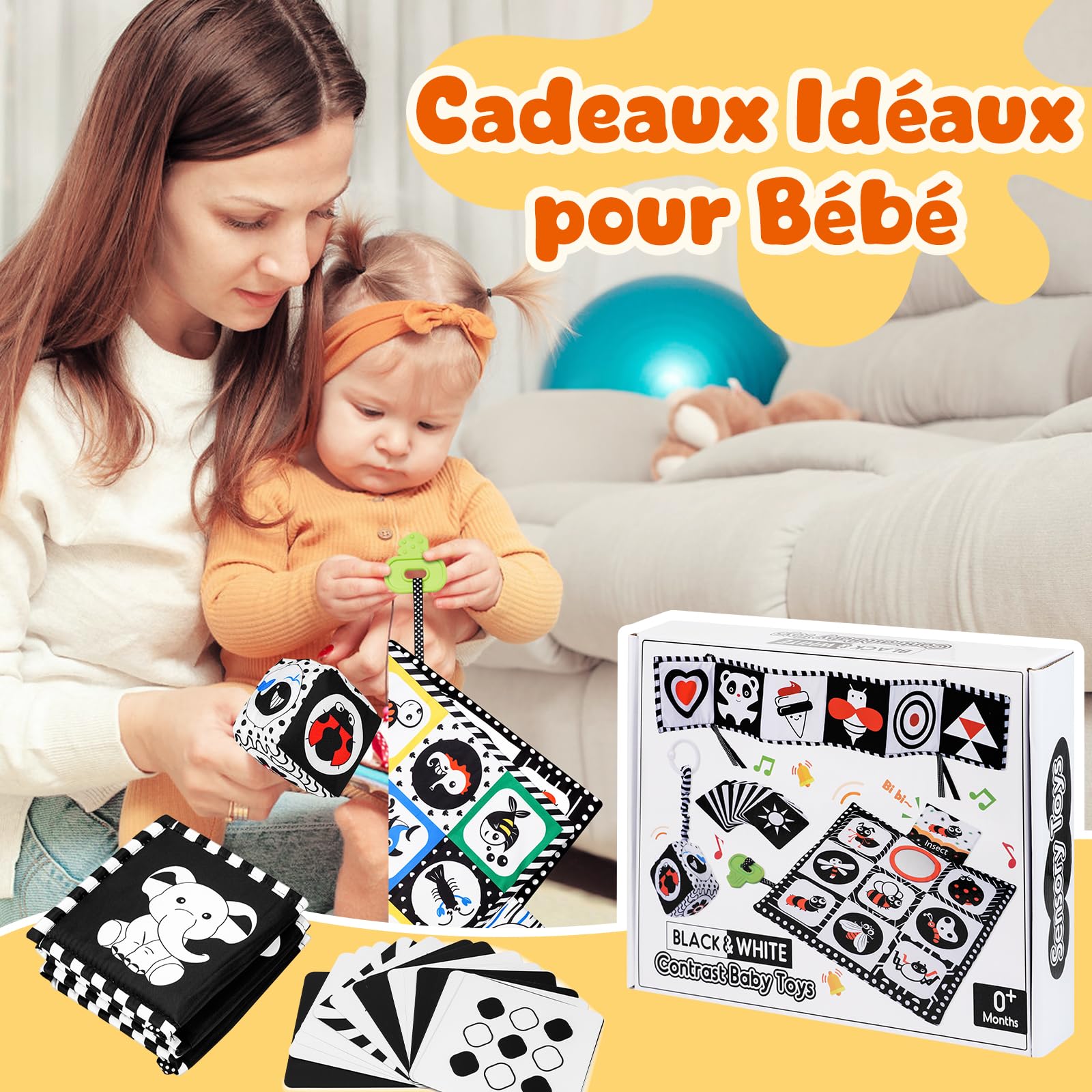 HappyKidsClub Jouet Livre Tissu Montessori Bébé Eveil 0-12 Mois Carte Noir et Blanc Bébé Cadeau Naissance Fille Garcon Jouet Sensoriel Hochet Bebe