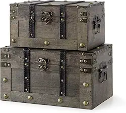 Soul & Lane Baús de tesouro de madeira - Conjunto de 2, baús de armazenamento antigos, caixas de armazenamento decorativas de madeira com tampas articuladas para lembranças e decoração de casa