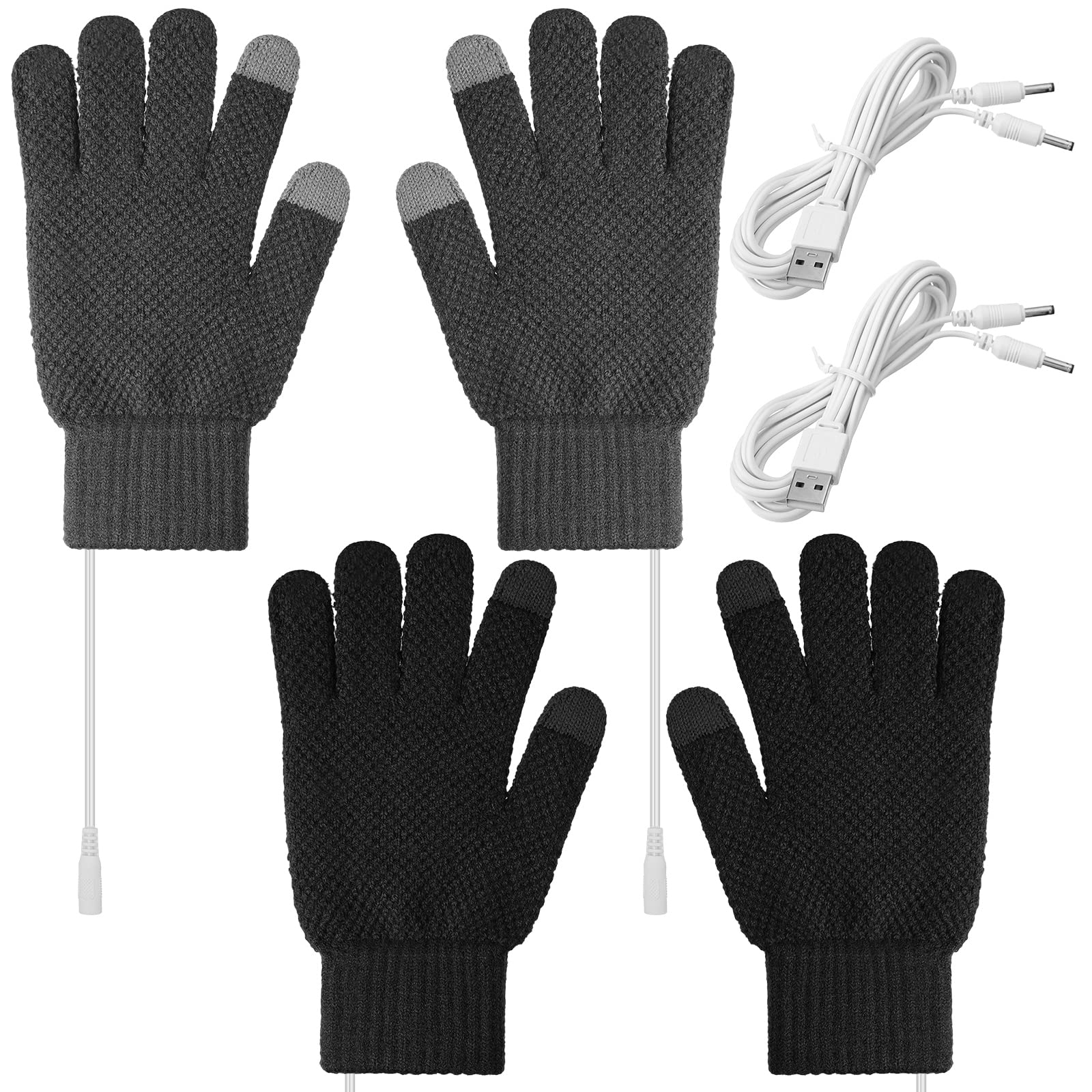 2 Pairs USB Heated Gloves for Women Men Mitten Hand Warmers Gloves Winter Warm Heating Gloves Washable Design Knitting Touchscreen Laptop Gloves Indoor Outdoor, Black and Grey