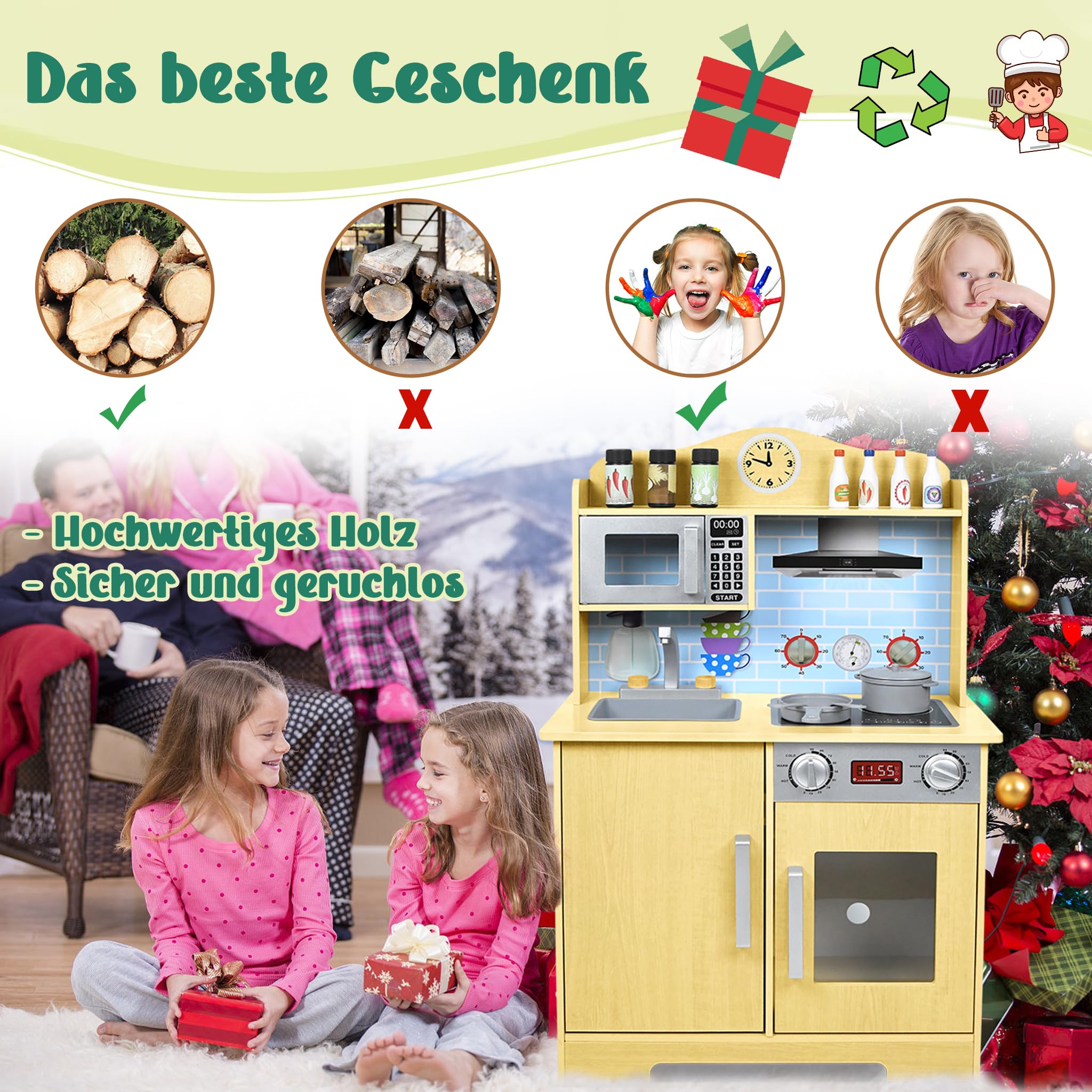 UISEBRT Cucina Giocattolo in Legno, Cucina per bambini con piano cottura lavello forno a microonde, altezza 92 cm, giocattolo per bambini 3+ anni, modello B