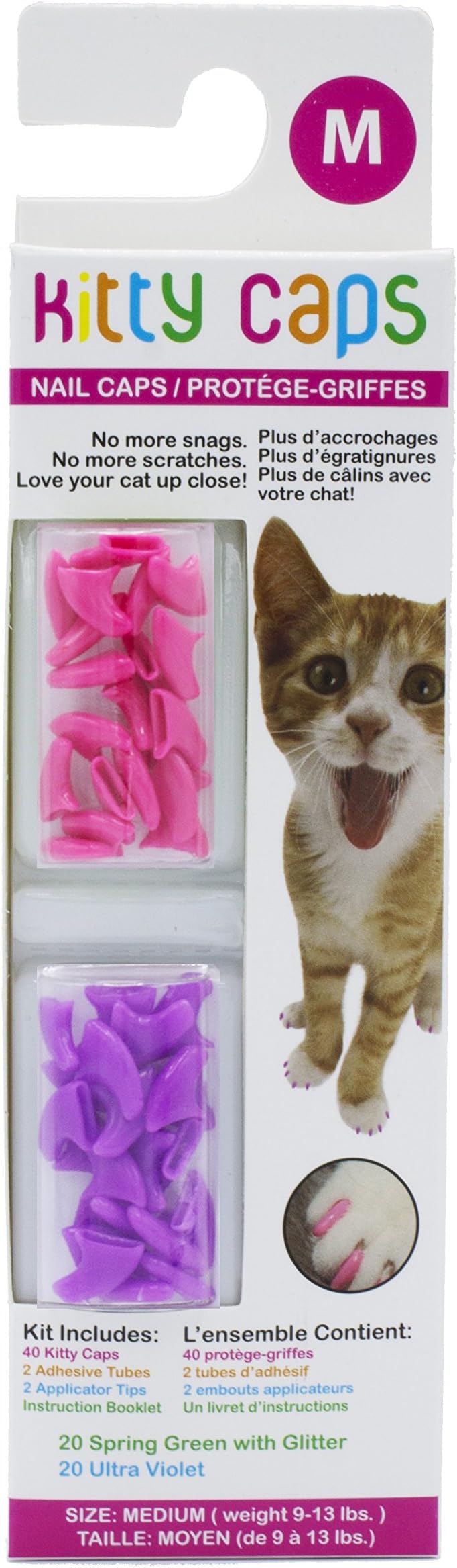 Nail Caps for Cats, Hot Purple & Hot Pink - Safe, Stylish & Humane Alternative to Declawing Stops Snags & Scratches, Medium (9-13 lbs), 40 Count