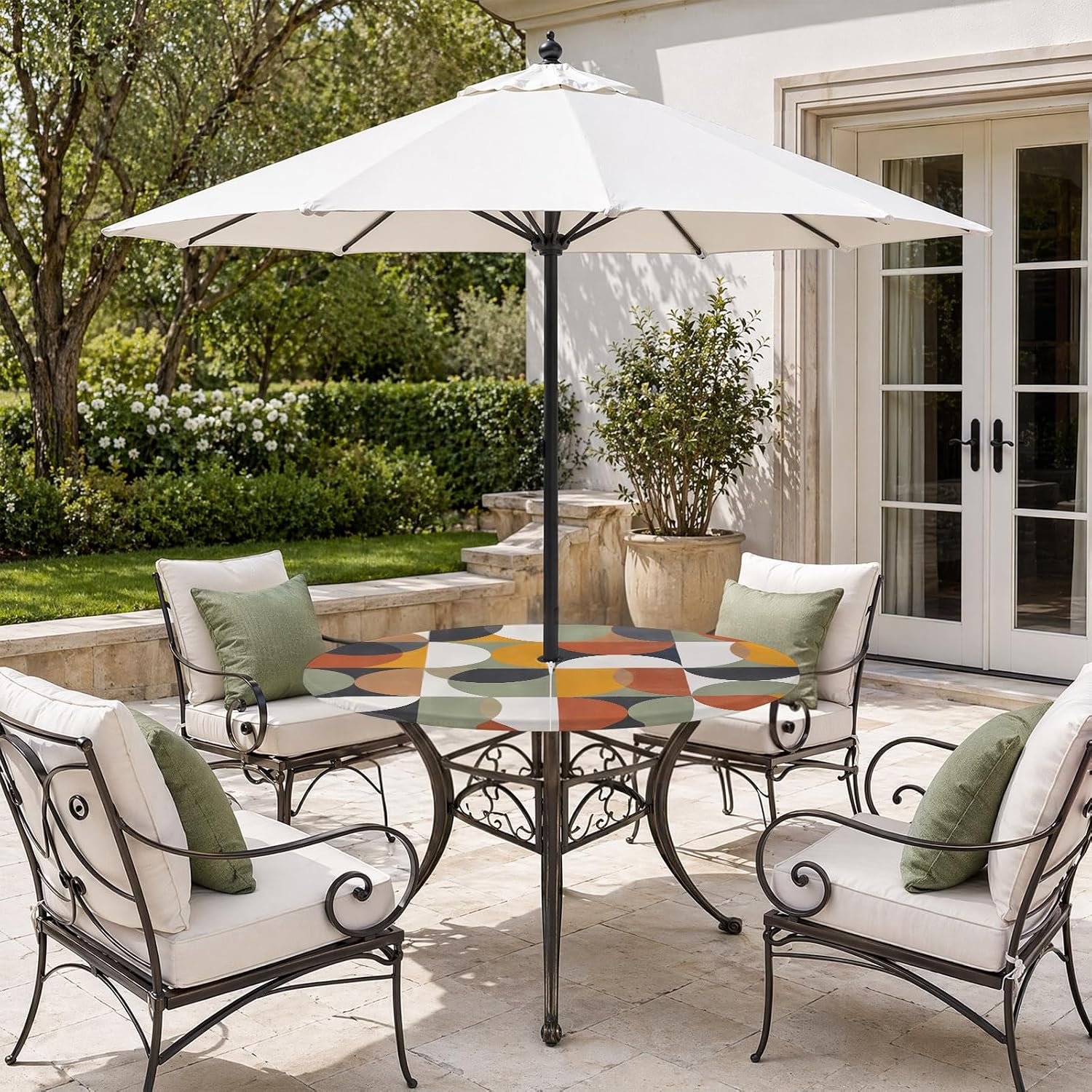Orange Modern Geometric,Waterproof Outdoor Tablecloth with Umbrella Hole and Zipper,Round Fitted Table Covers with Elastic,Abstract Watercolor Semicircle Patio Party Table Cloth Fits 31"-35" Tables image 3