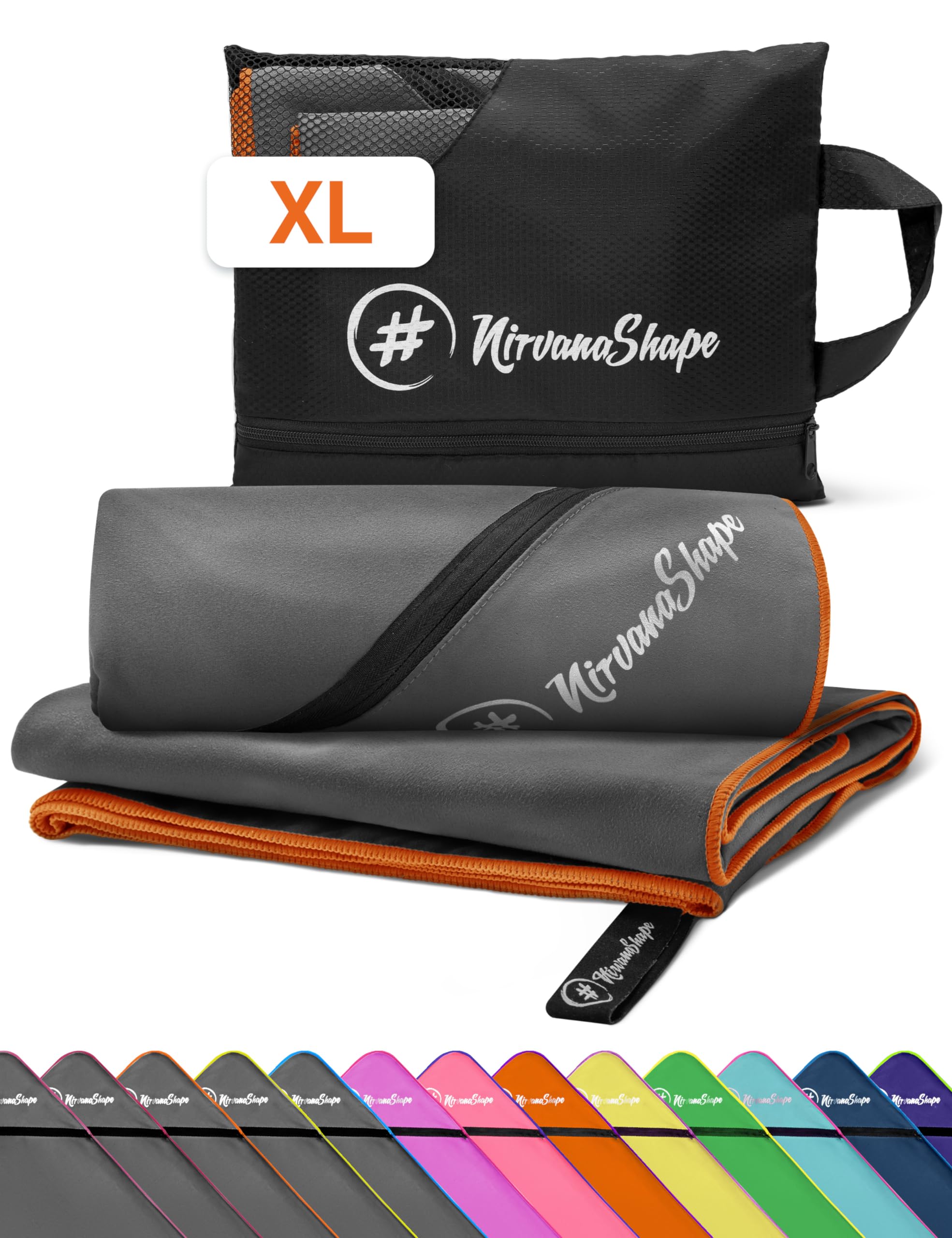 NirvanaShape Microfiber - Large Towel for Beach Travel, Fitness, XL 200 x 100 cm, Grey / Orange Seam, XL: 200 x 100 cm