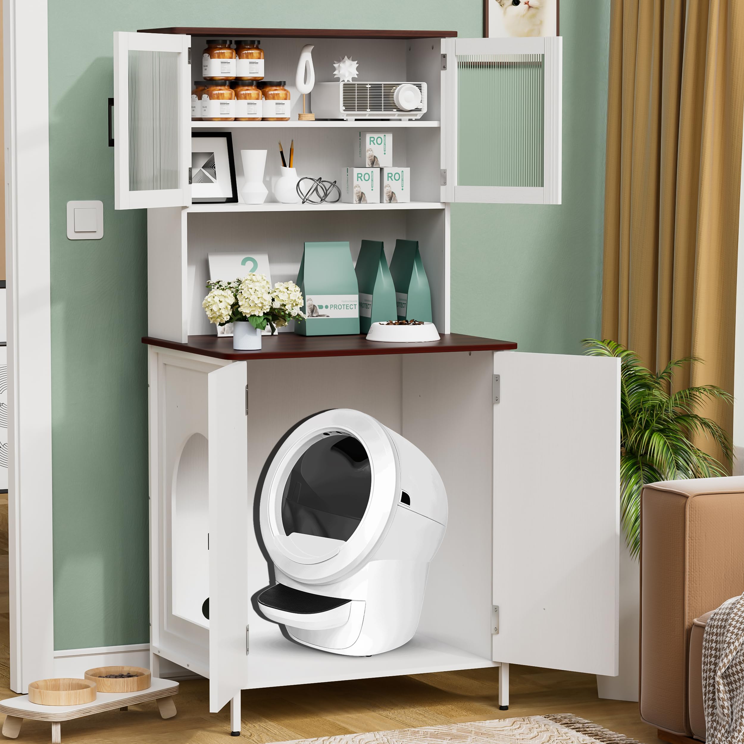 PakaLife Cat Litter Box Enclosure Furniture for Self-Cleaning Litter Box, Wood Cat Washroom Furniture with Cabinet, Shelves and Doors