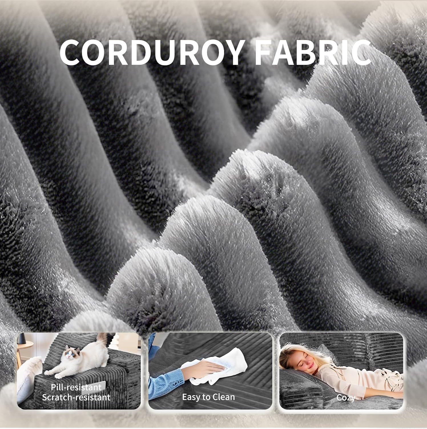 106'' Cloud Sectional Couch with L-Shape Chaise, Boneless Corduroy Sofa with Deep Seat, Modern Modular Couch for Living Room, No Assembly Required, Grey Corduroy Fabric (Right-Facing Chaise)