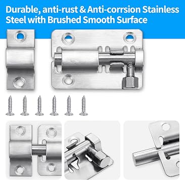 Lpraer 2 Inch Door Lock Bolt, 2 Pack Slide Latch Lock with Screws, Stainless Steel Barrel Bolt Lock Gate Lock for Bathroom Toilet Shed Door Garage Cabinet Fence, Silver