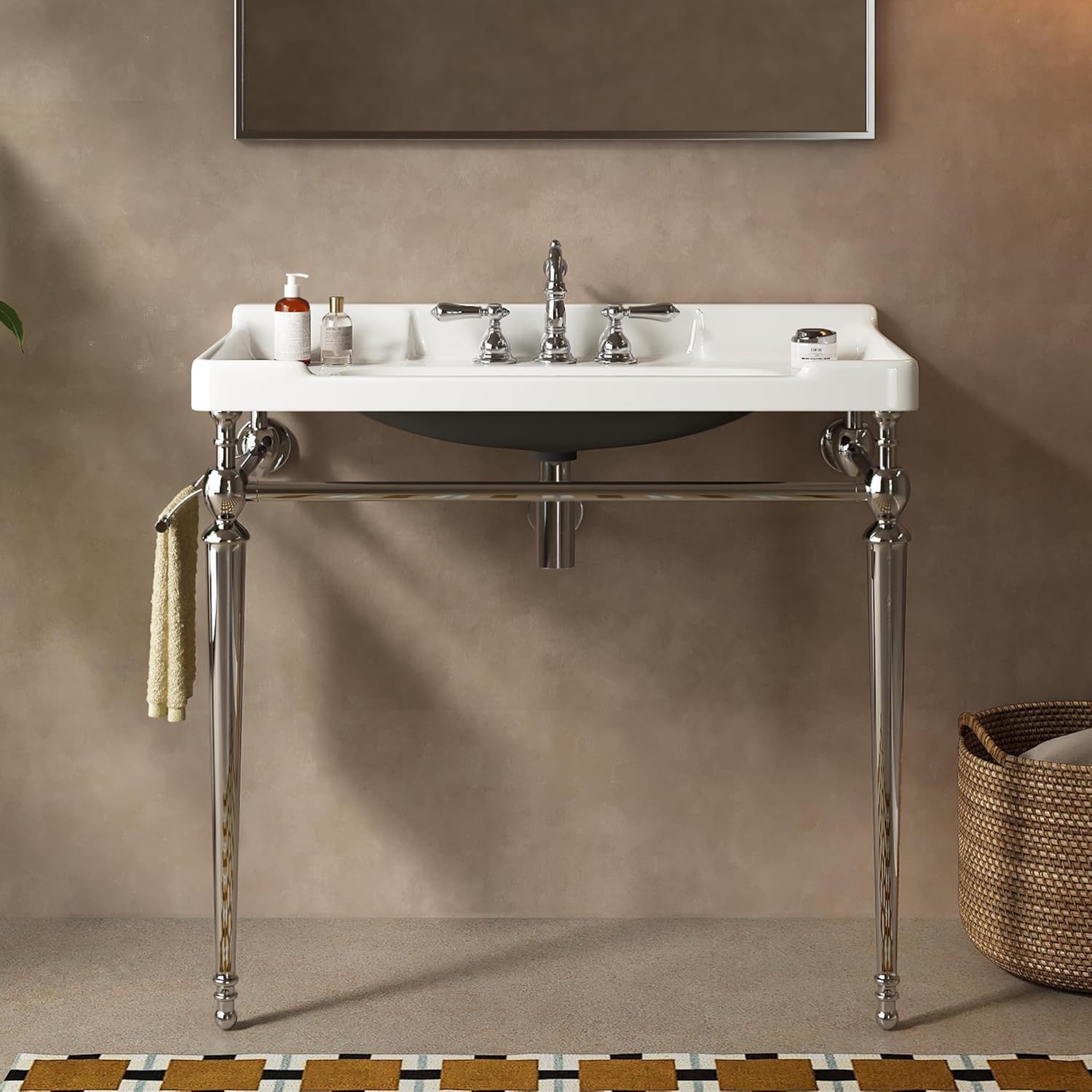Yayzy 36” Bathroom Vanity with White Ceramic Sink, Wall-Mounted Console Style, Silver-Finish Stainless Steel Legs & Towel Bar, 3 Faucet Holes, No Faucet