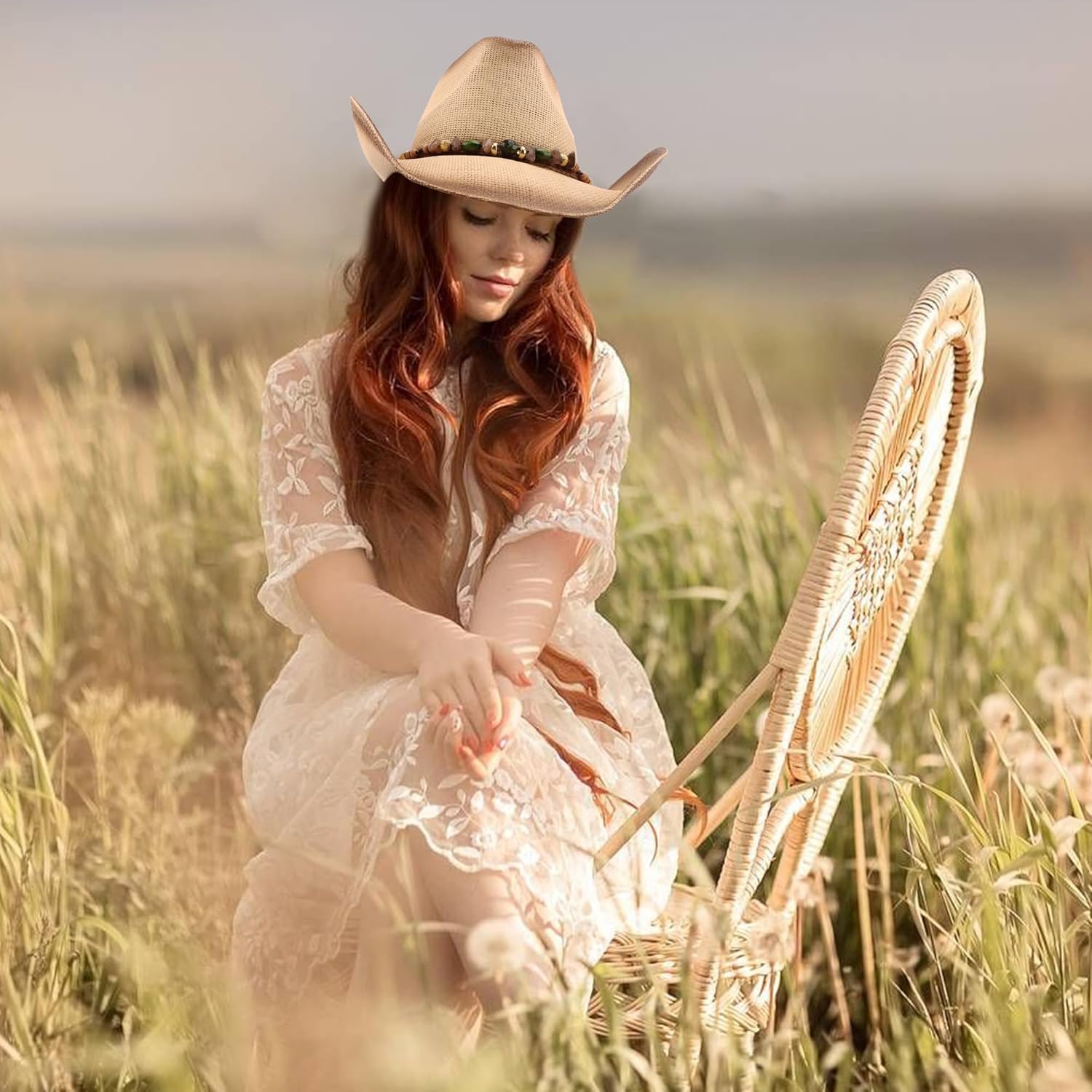 Straw Hats for Women Straw Cowboy Hat Cowgirl Hat Beach Cowboy Hats for Women Western Beach Coastal Cowgirl Hat with 2 Replacement Decorative Bands Beige - Image 5