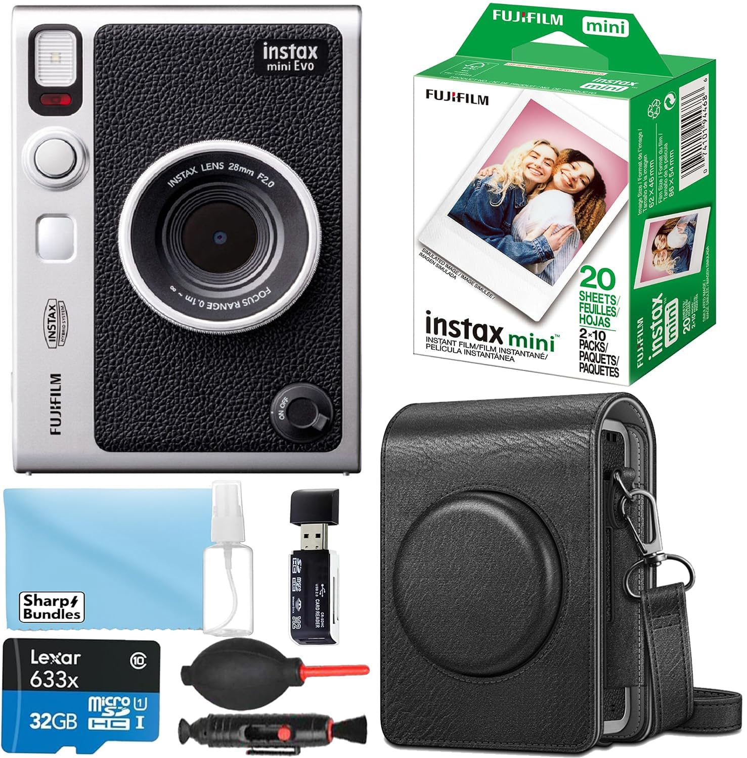 Fujifilm Instax Mini EVO Hybrid Instant Camera Bundle with 20 Film Sheets, 32GB Micro SD Card, Carrying Case, Strap, and Cleaning Kit (Black)