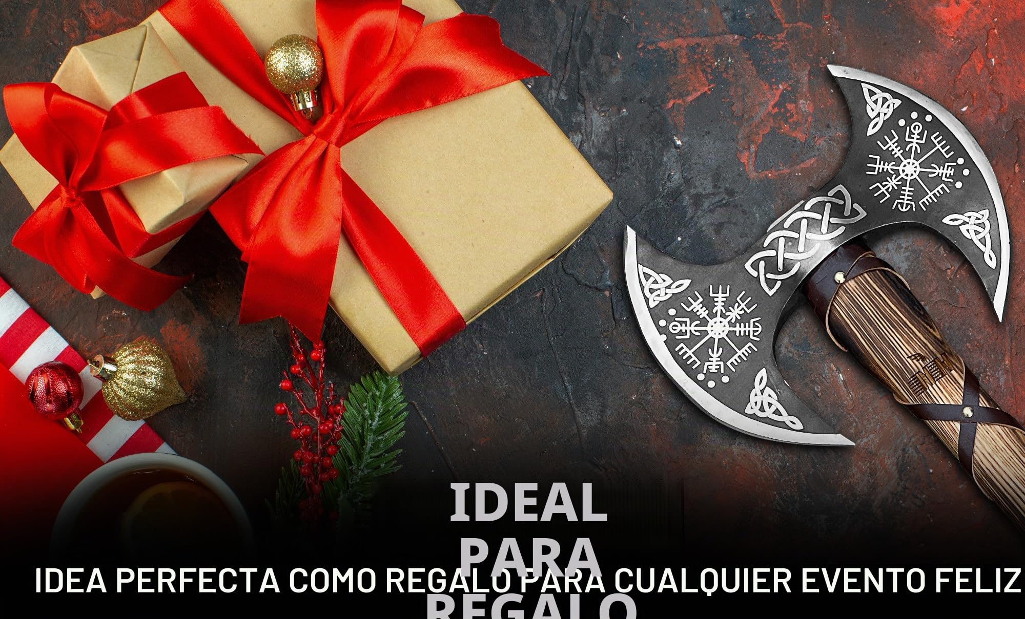 NovaHaven Hacha decorativa hecha a mano, hoja de acero al carbono con mango de ceniza y cuero, varios diseños, incluye funda protectora, 4 variantes (hoja doble)