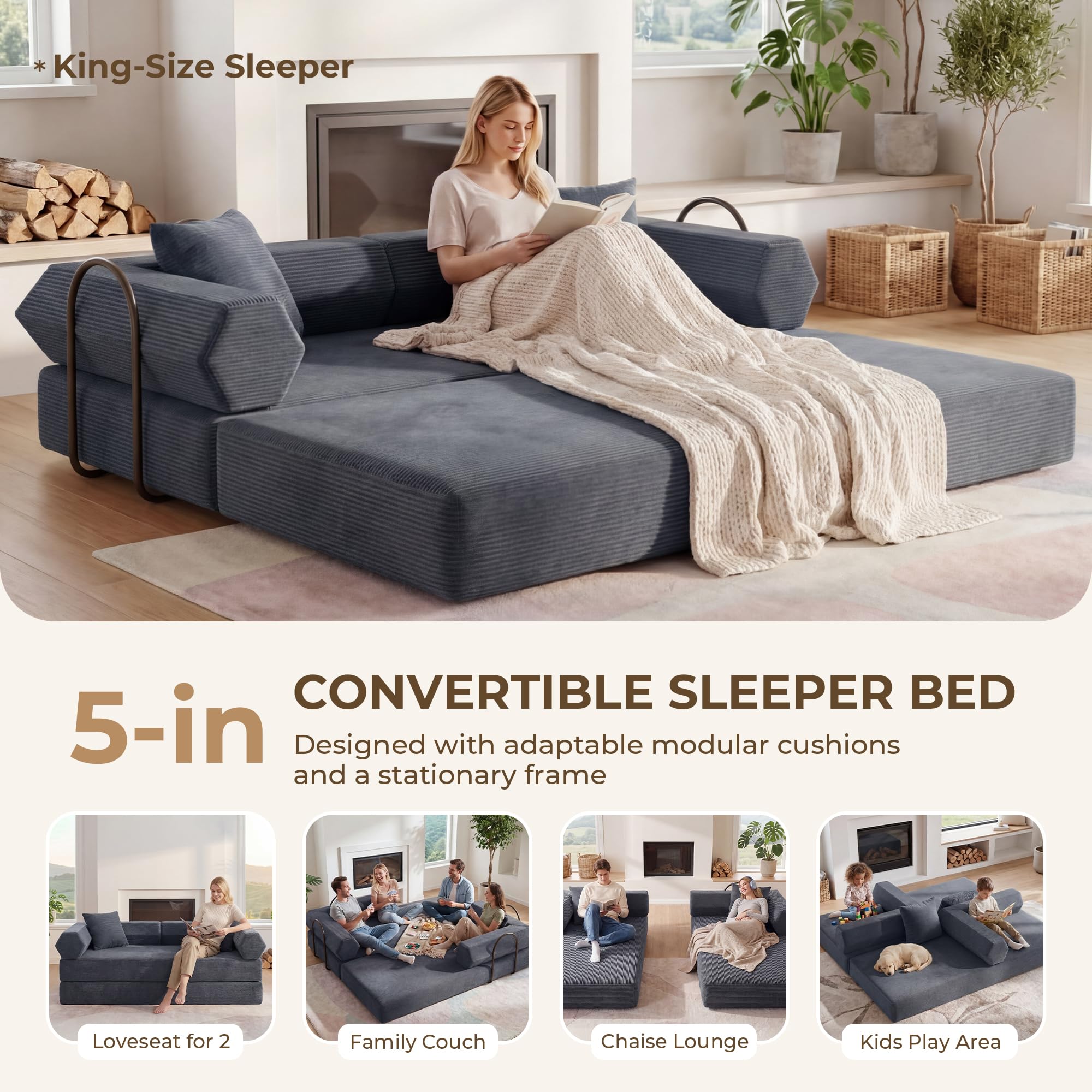 79" Boneless Couch, Convertible Futon Sofa Bed, Corduroy Sleeper Sofa | Mattress-Grade Pocket Spring Core, Floor Couch for Living Room, Bedroom, Apartment & Guest Room, Dark Gray