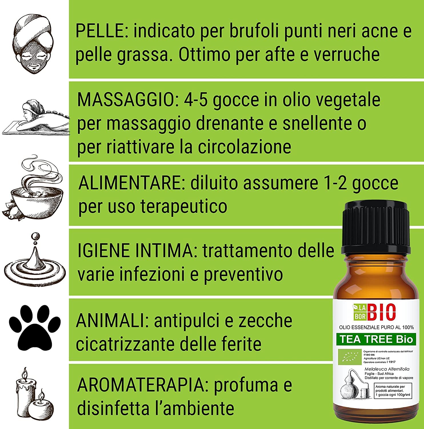 Tea tree Bio Olio essenziale 100% Puro Albero del te' 50 ml - Uso interno Terapeutico Alimentare Diffusori ambiente Aromaterapia Cosmetica - Laborbio