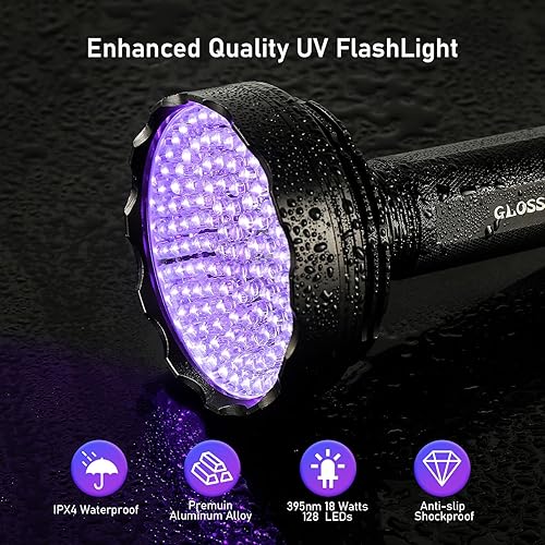 Vista 13 de Linterna UV luz negra, 100 LED linterna de luz negra para perro/gato detector de mascotas, buscador de escorpiones