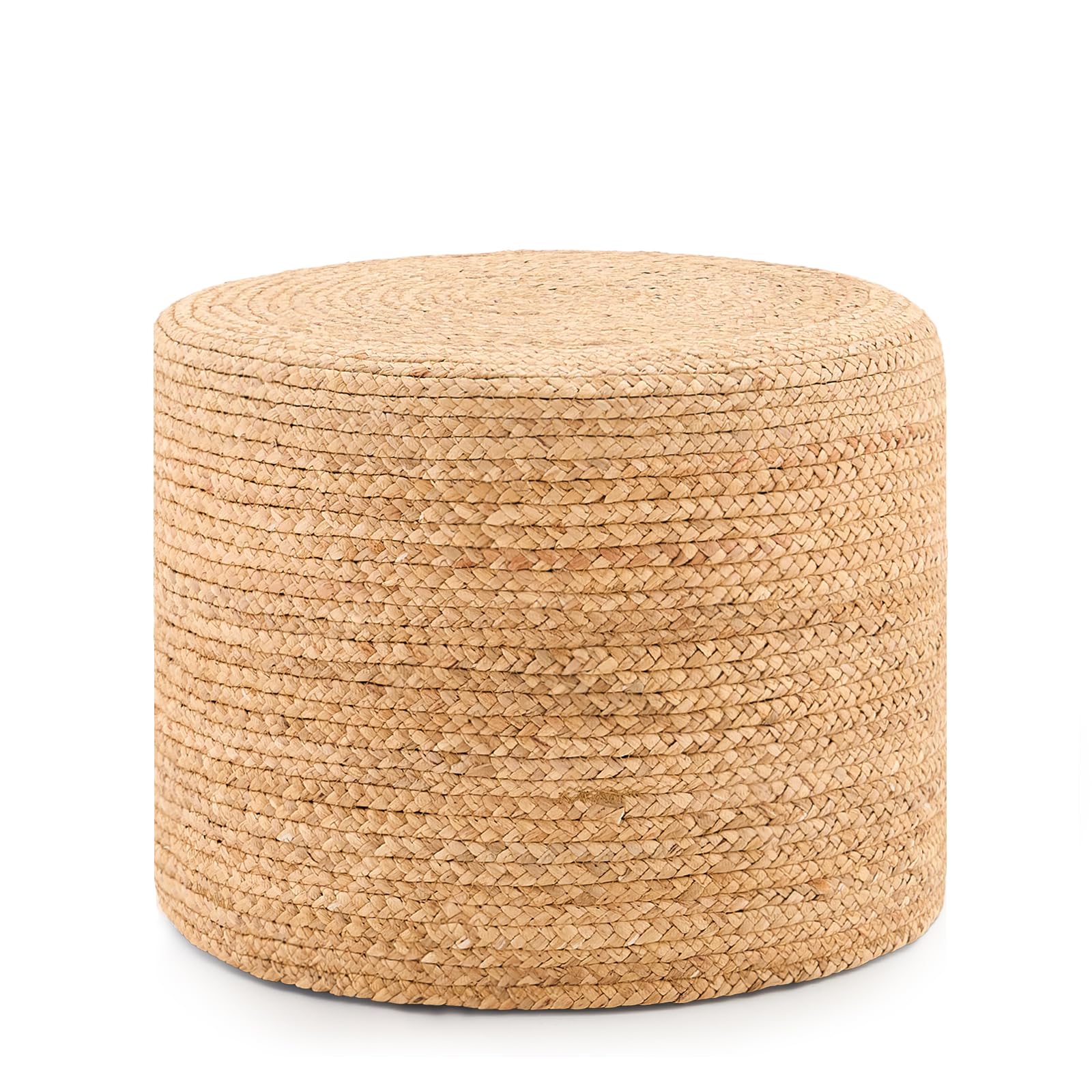 Handwoven Water Hyacinth Ottoman Pouf, Round Outdoor Footstool with Sturdy Frame, No Assembly Needed, Boho Accent Stool for Indoor & Outdoor Use – Patio, Balcony, Living Room (Natural)