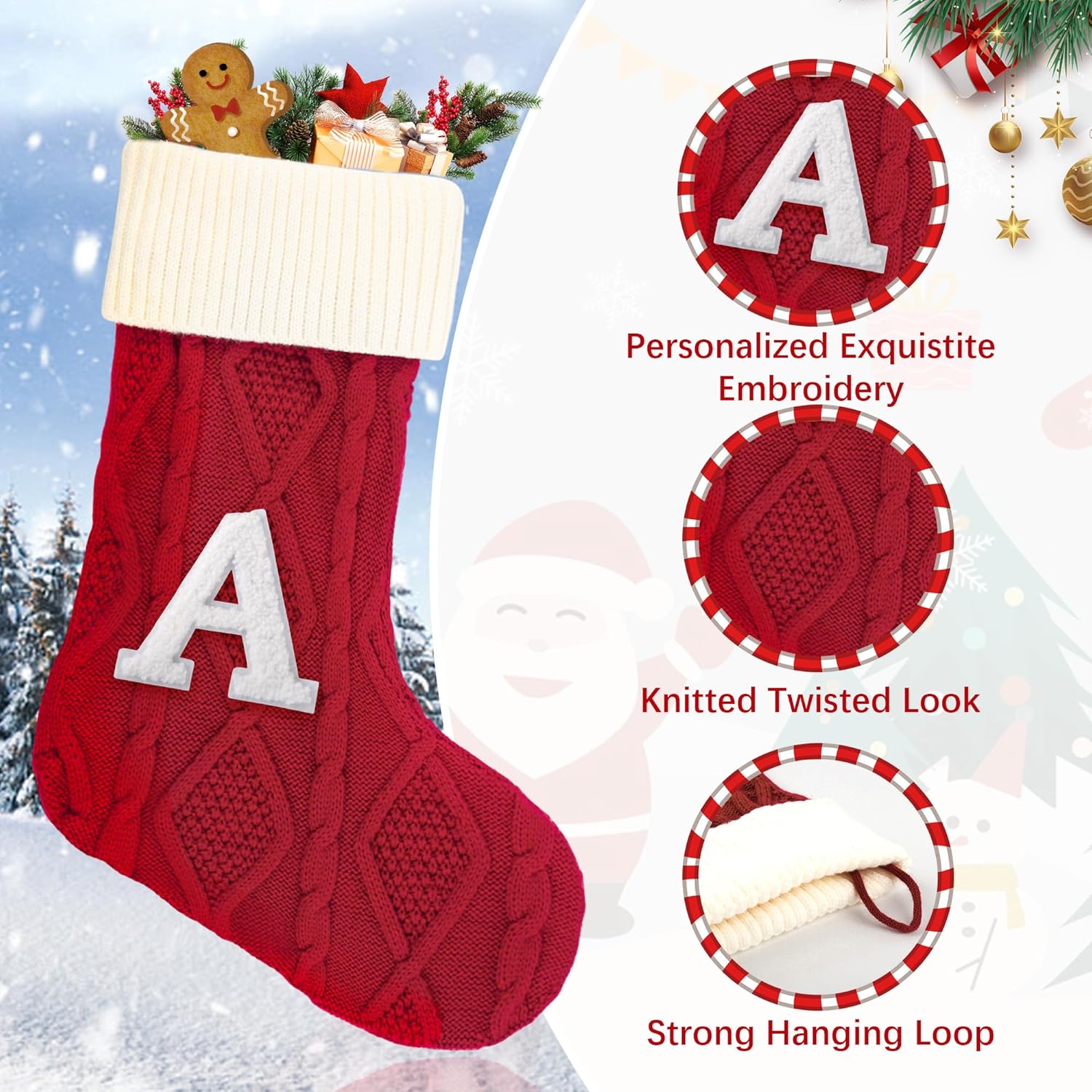21 inches knitted christmas stockings with initials, large red custom monogram christmas stockings with letter, suitable for xmas holiday party gifts & decoration for fireplace (red-a) red letter-a