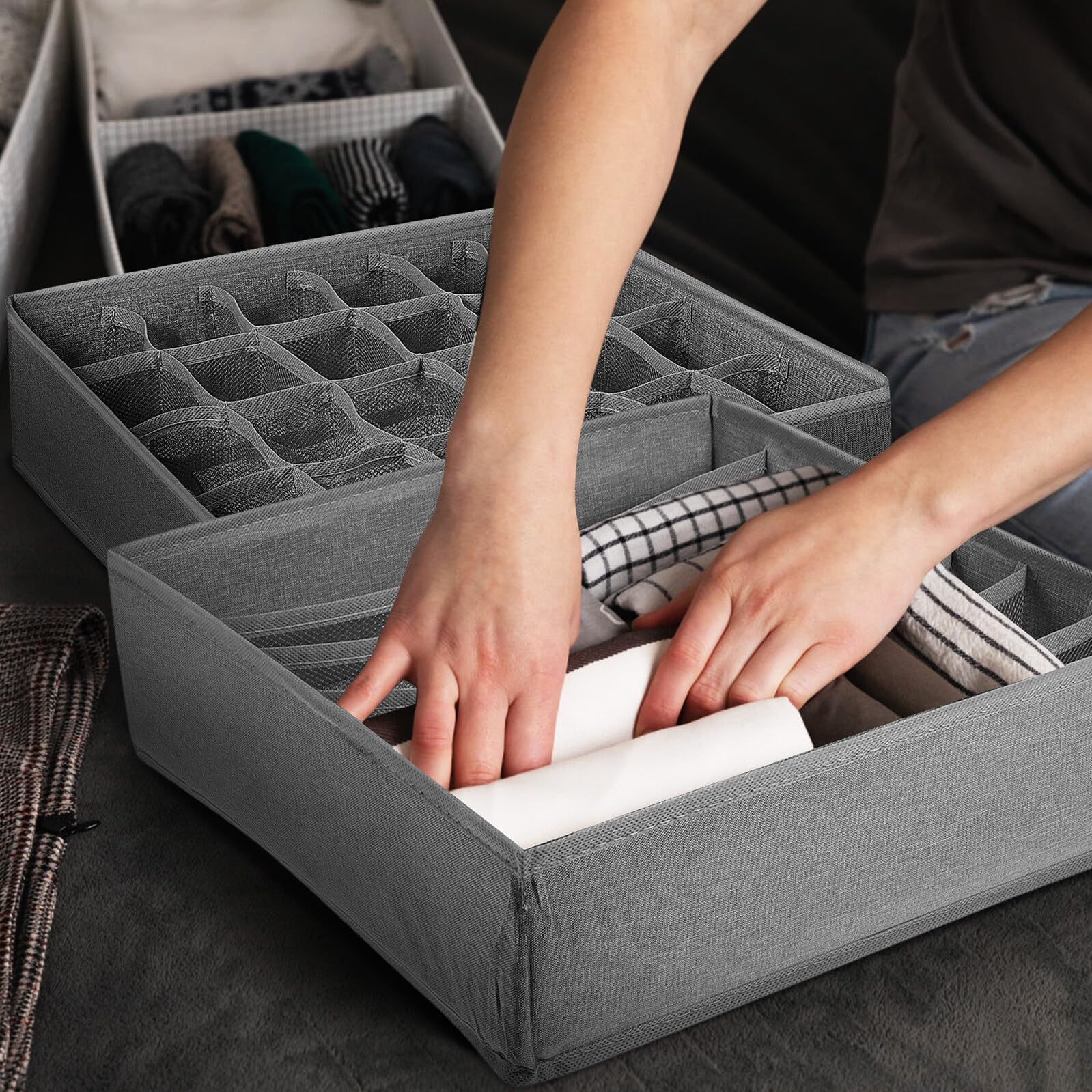 VALICLUD Faltbare Schubladenboxen 4 Stück aus Kationischem Gewebe mit Pp Zwischenschicht Formstabiler Unterwäsche Organizer für Bhs Socken und Krawatten Kompakt für Schubladenaufbewahrung