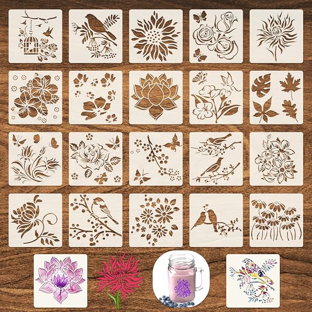 20 Pieces Flower Stencils Bird Floral Painting Stencils for Crafts Reusable, (15 x 15 CM) Summer Flowers Stencil Templates DIY Painting Stencils for Crafts Wood Canvas Wall Decor