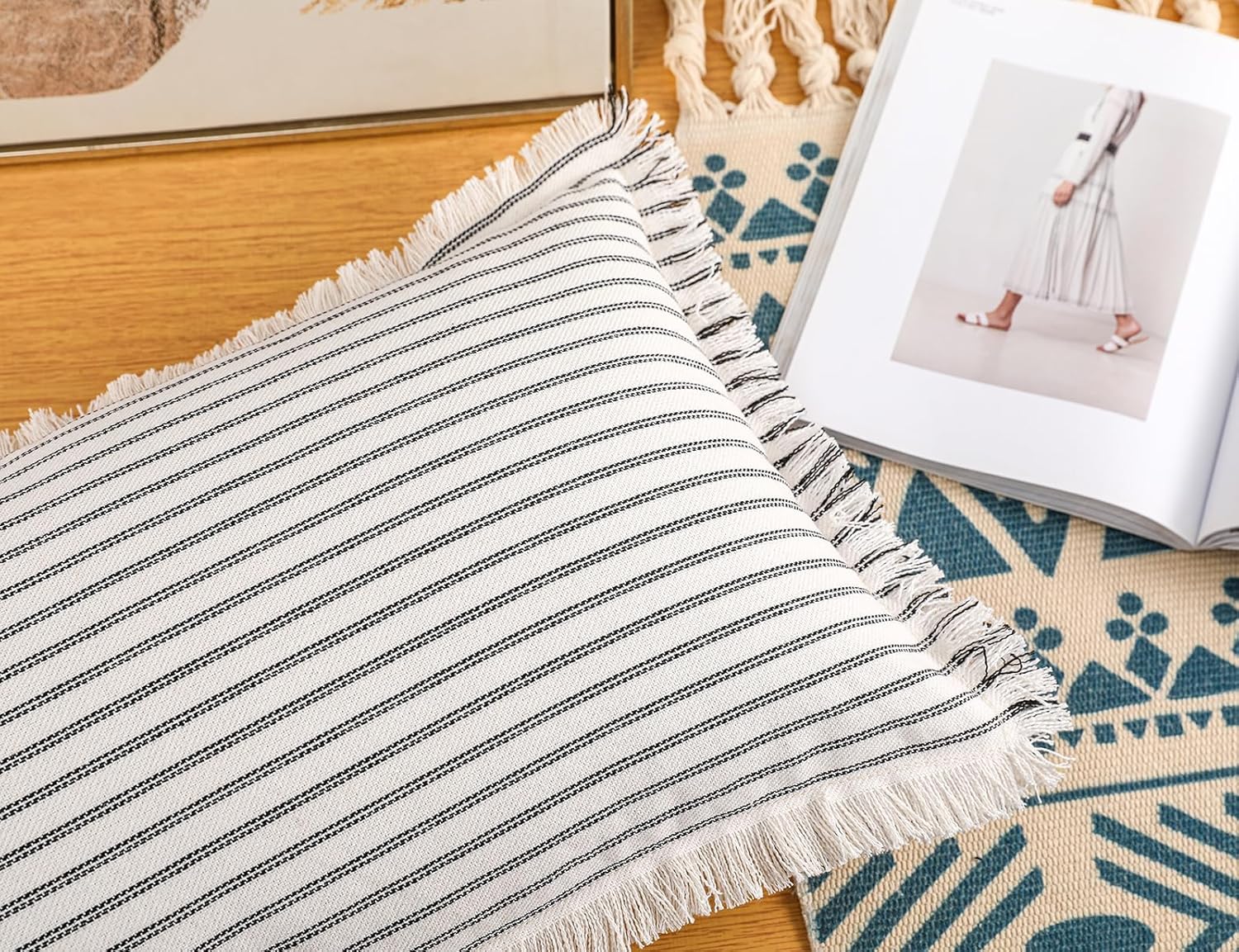 PANOD Decorative Boho Long Lumbar Pillow Cover 14x26,Super Soft Cotton Modern Long Rectangle Pillow Cover Pillow Case for Bed Sofa Couch Farmhouse Livingroom,Black