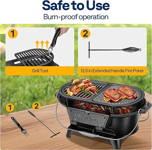 Miniatura 6 de VIVOHOME Parrilla ovalada de hierro fundido con rejillas intercambiables y plancha, 2 puertas de horno para control de calor, incluye guantes, póker