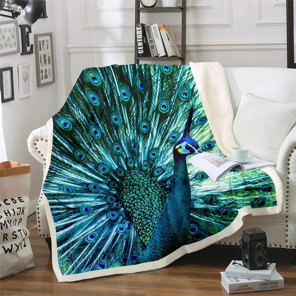 Loussiesd Boys Multicolored 13232 Peacock Sherpa Blanket Animal Theme Fleece Throw Blanket For Kids Girls Peacock Feathers Design Plush Blanket Soft Microfiber Fuzzy Blanket For Sofa Bed Couch Single 50X60 Inch