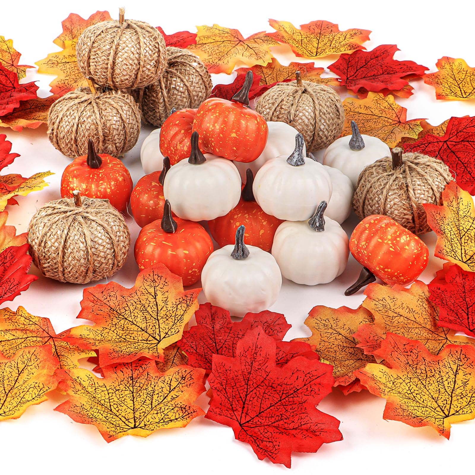 122 Pcs Thanksgiving Pumpkin Fall Decorations, 22 Pcs Artificial Mini Pumpkins And 100 Pcs Realistic Maple Leaves Fall Craft Supplies, Wedding, Party Thanksgiving, Halloween DIY Indoor Outdoor Decor