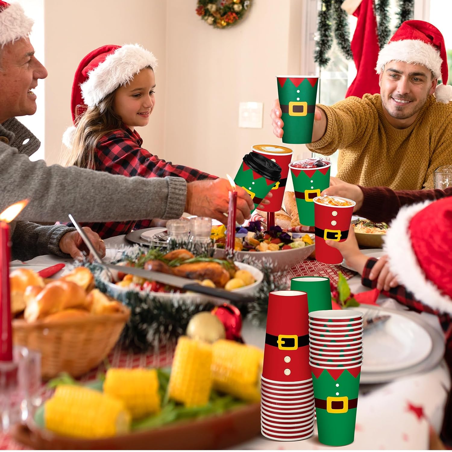 Zhehao 90 Pcs/30 Sets Christmas Paper Coffee Cups with Lids and Sleeves Disposable Hot Cocoa Party Paper Cups for Hot Chocolate Accessories(16 oz,Cloths)