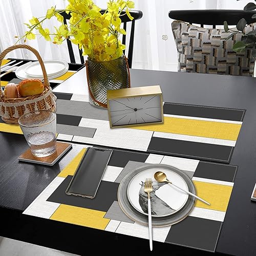 Miniatura 6 de Juego de 6 manteles individuales y camino de mesa geométrico, amarillo, negro, gris, pintura abstracta, arte para decoración de mesa de comedor para